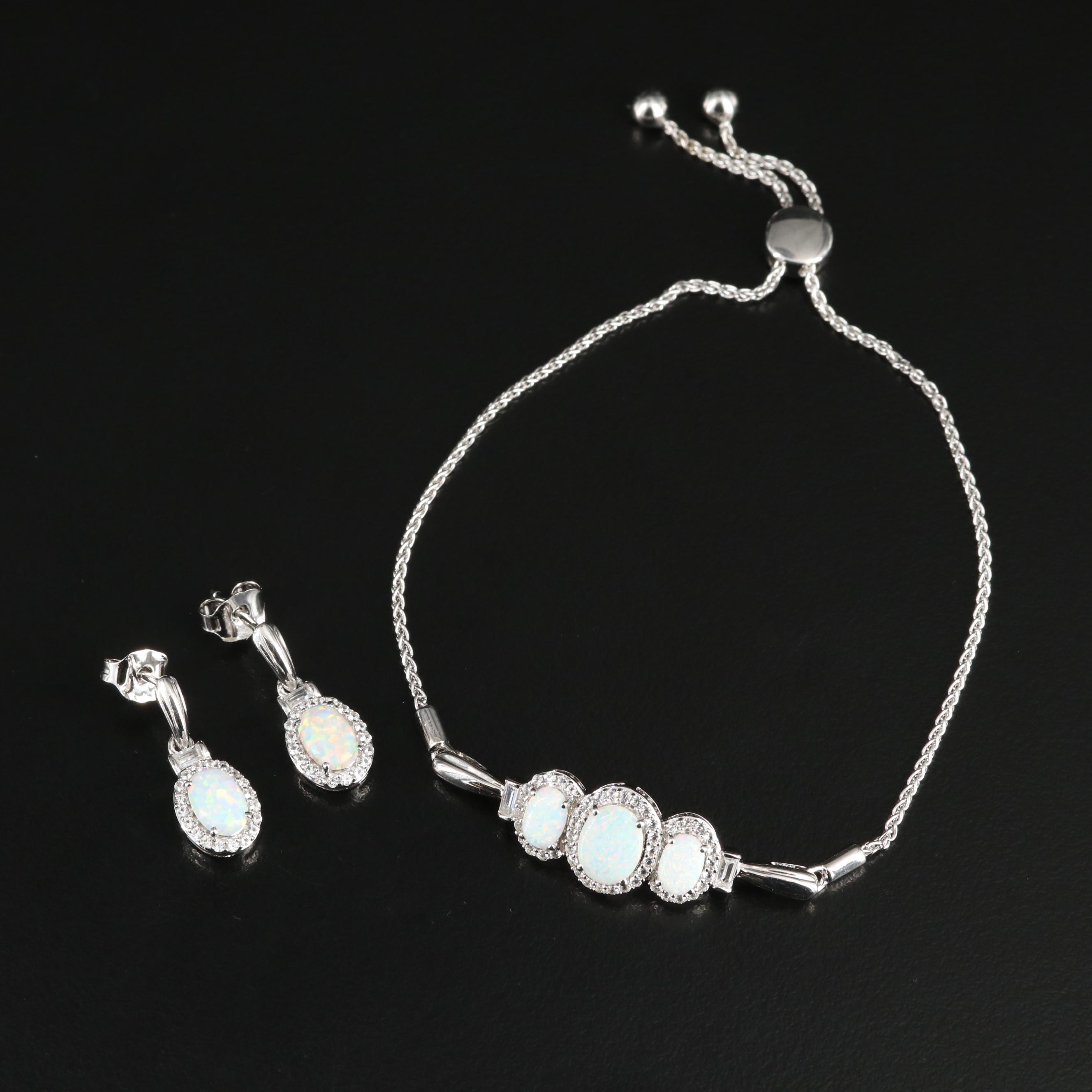 Sterling Opal and White Sapphire Necklace, Bracelet, and Earring Set