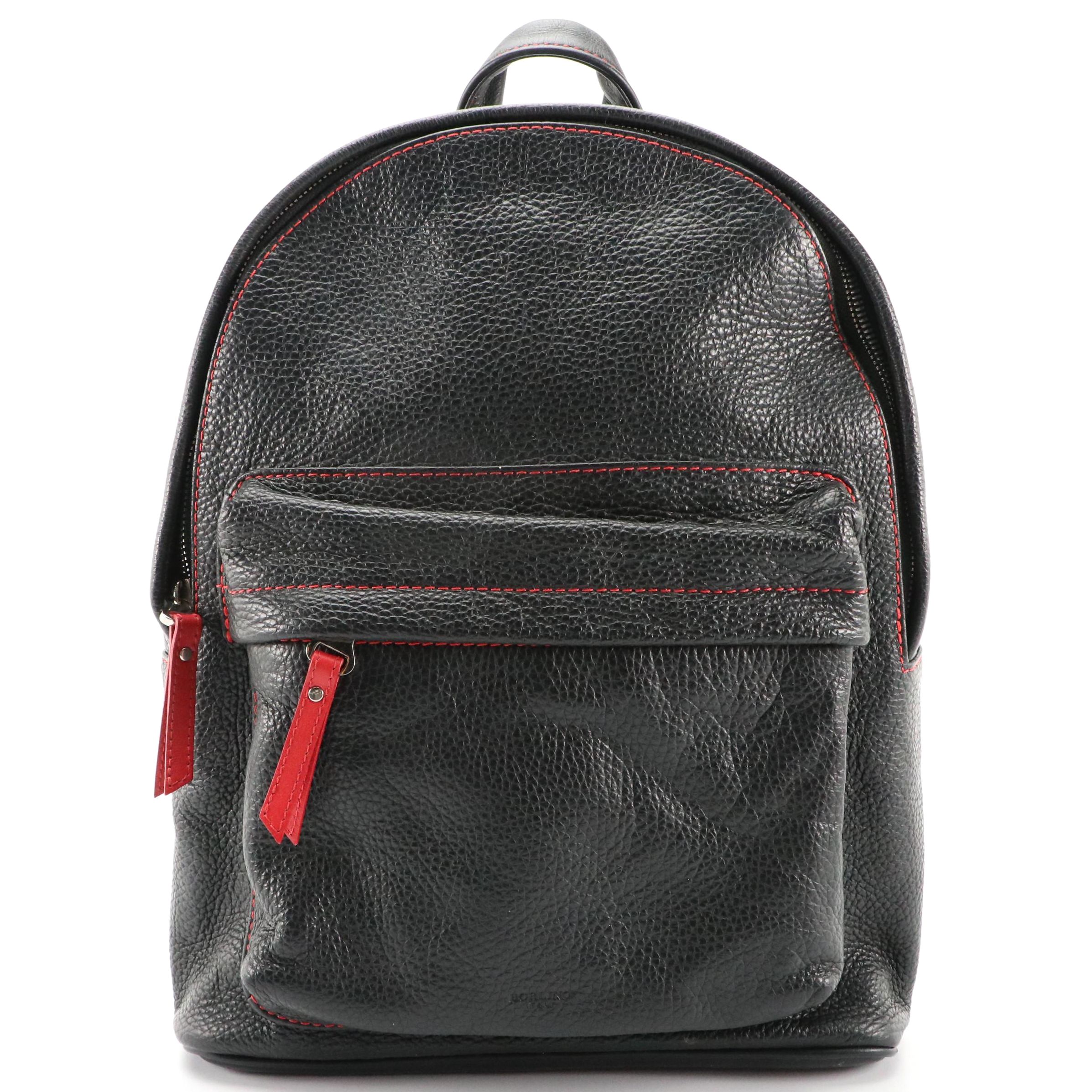 Borlino Black Onyx Cortina Calf Leather Backpack with Lava Red Accents
