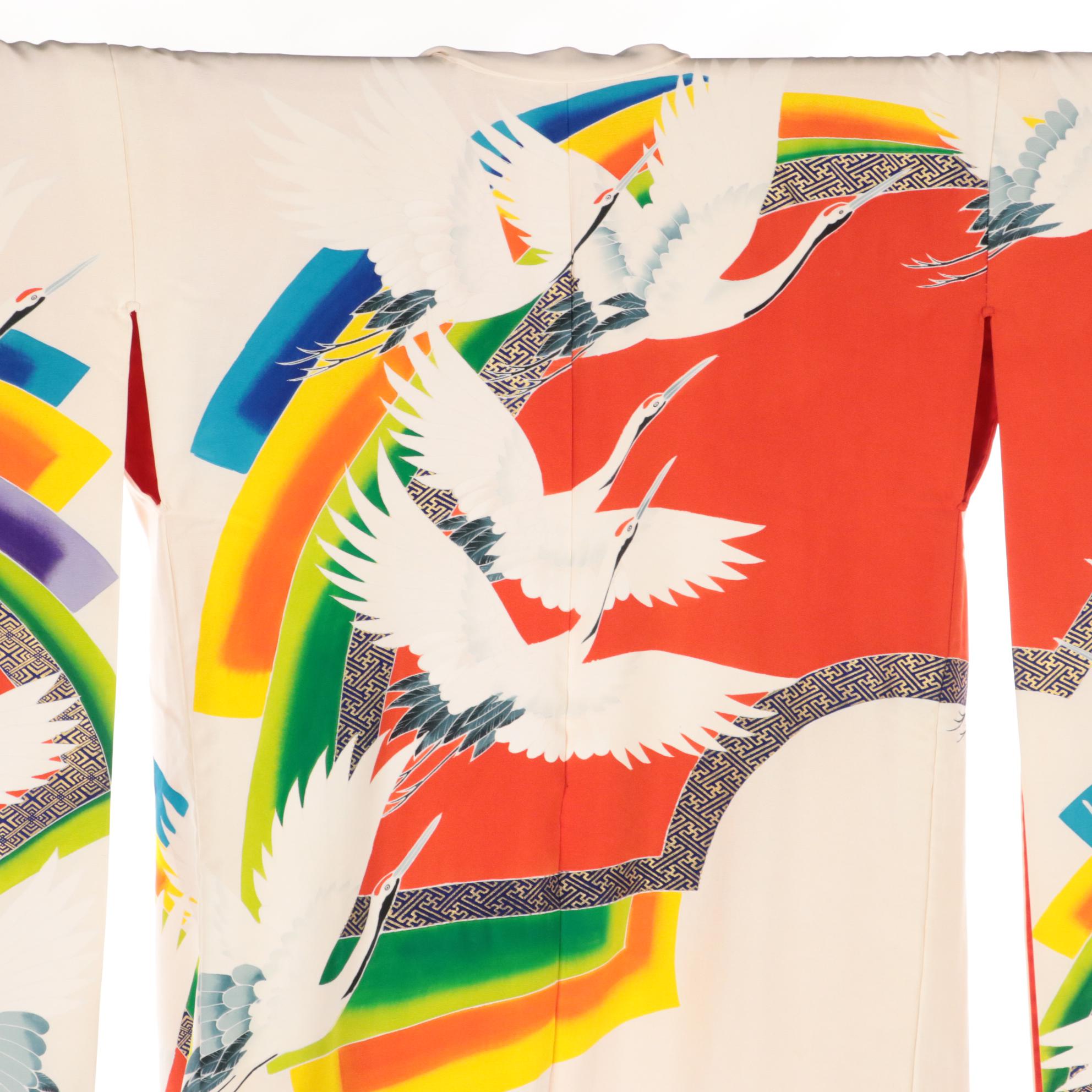 Japanese Uchikake Wedding Kimono in Tsuru and Sensu Printed Silk