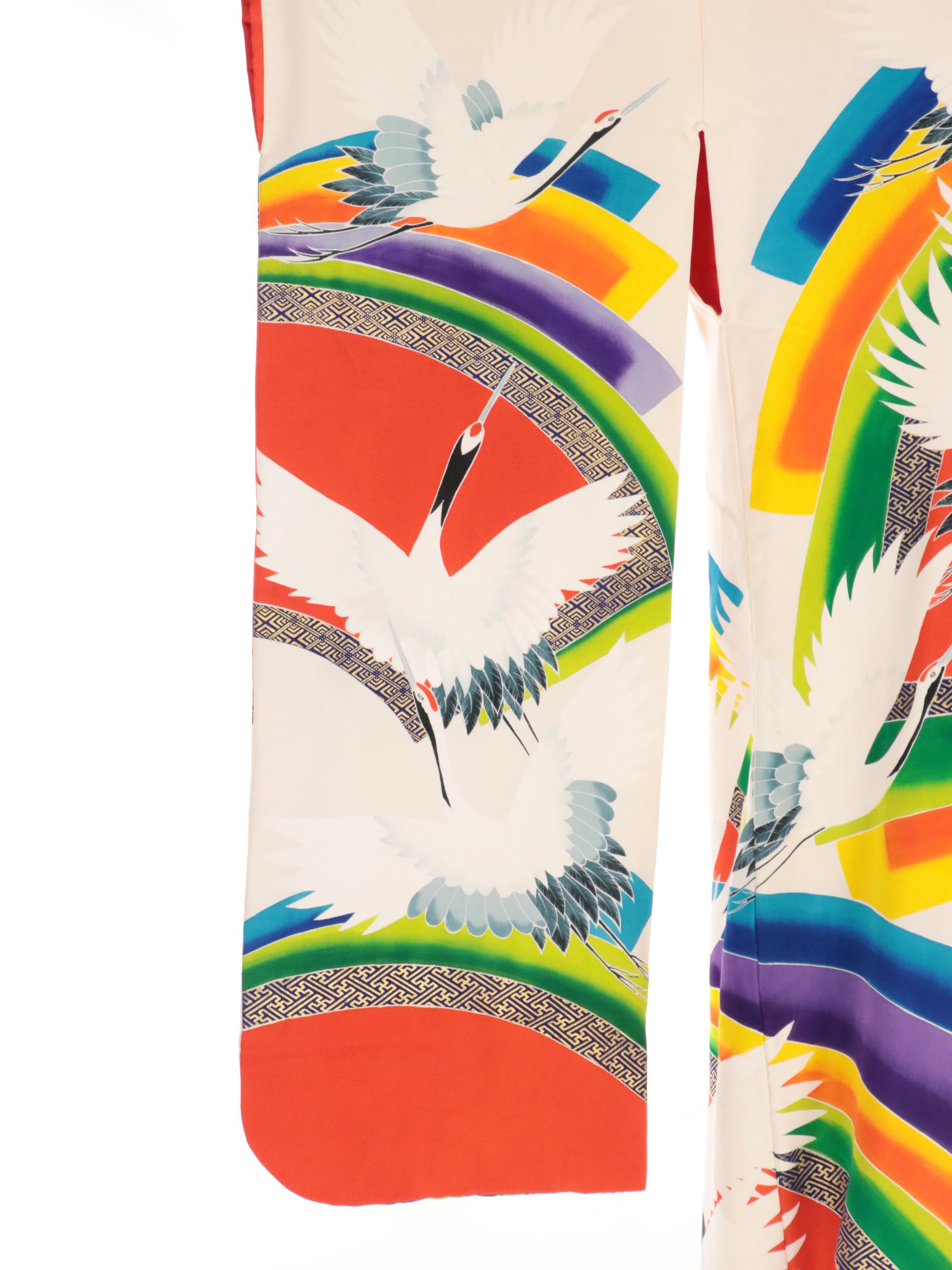 Japanese Uchikake Wedding Kimono in Tsuru and Sensu Printed Silk