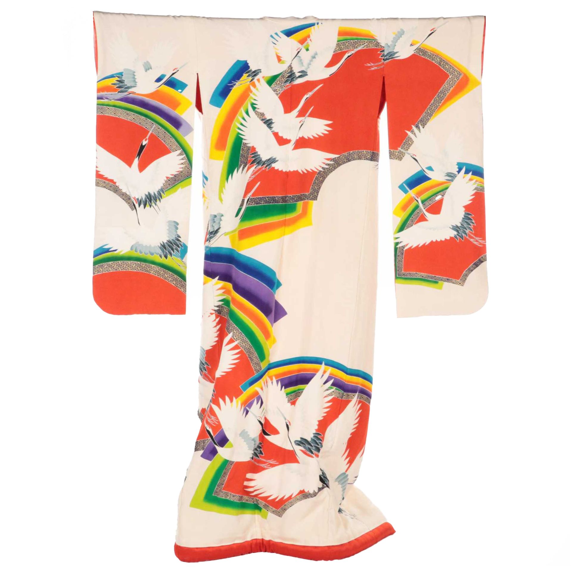 Japanese Uchikake Wedding Kimono in Tsuru and Sensu Printed Silk