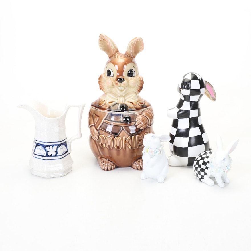 Japan Mr. Rabbit Cookie Jar With Partially Decorated Hobbyist Bunnies & Pitcher