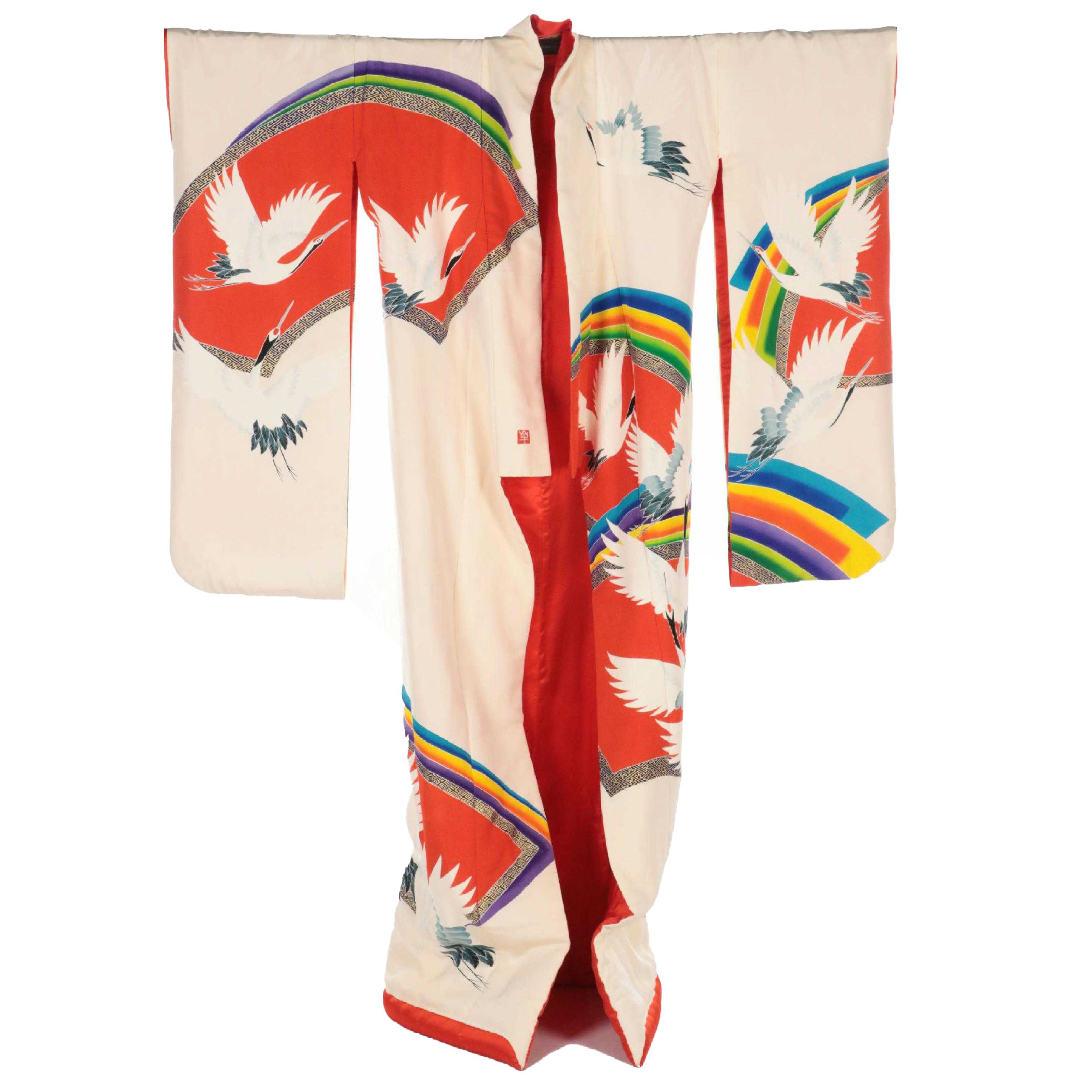 Japanese Uchikake Wedding Kimono in Tsuru and Sensu Printed Silk