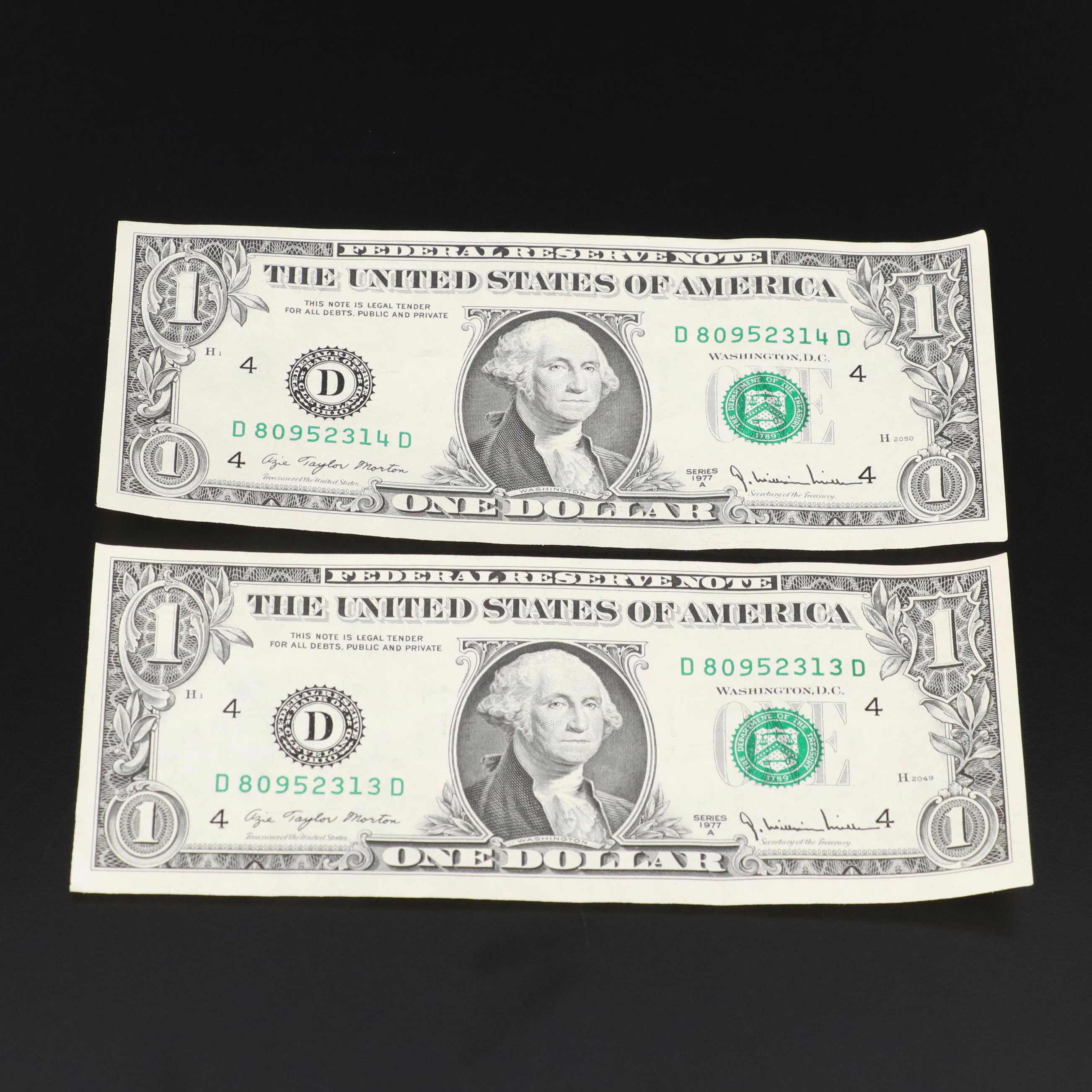 Group of Thirty-Eight One Dollar Federal Reserve Notes and a Five Dollar Note