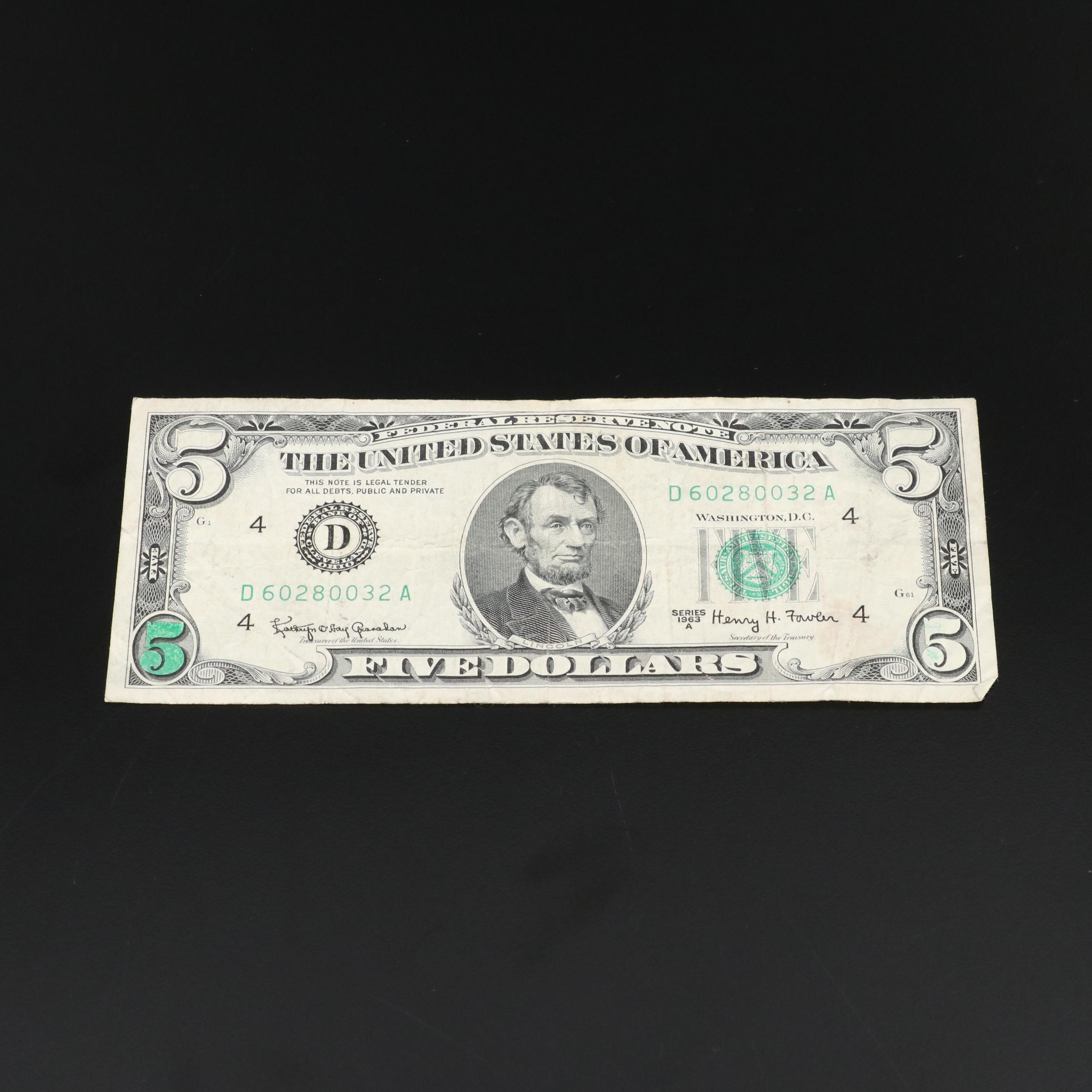 Group of Thirty-Eight One Dollar Federal Reserve Notes and a Five Dollar Note