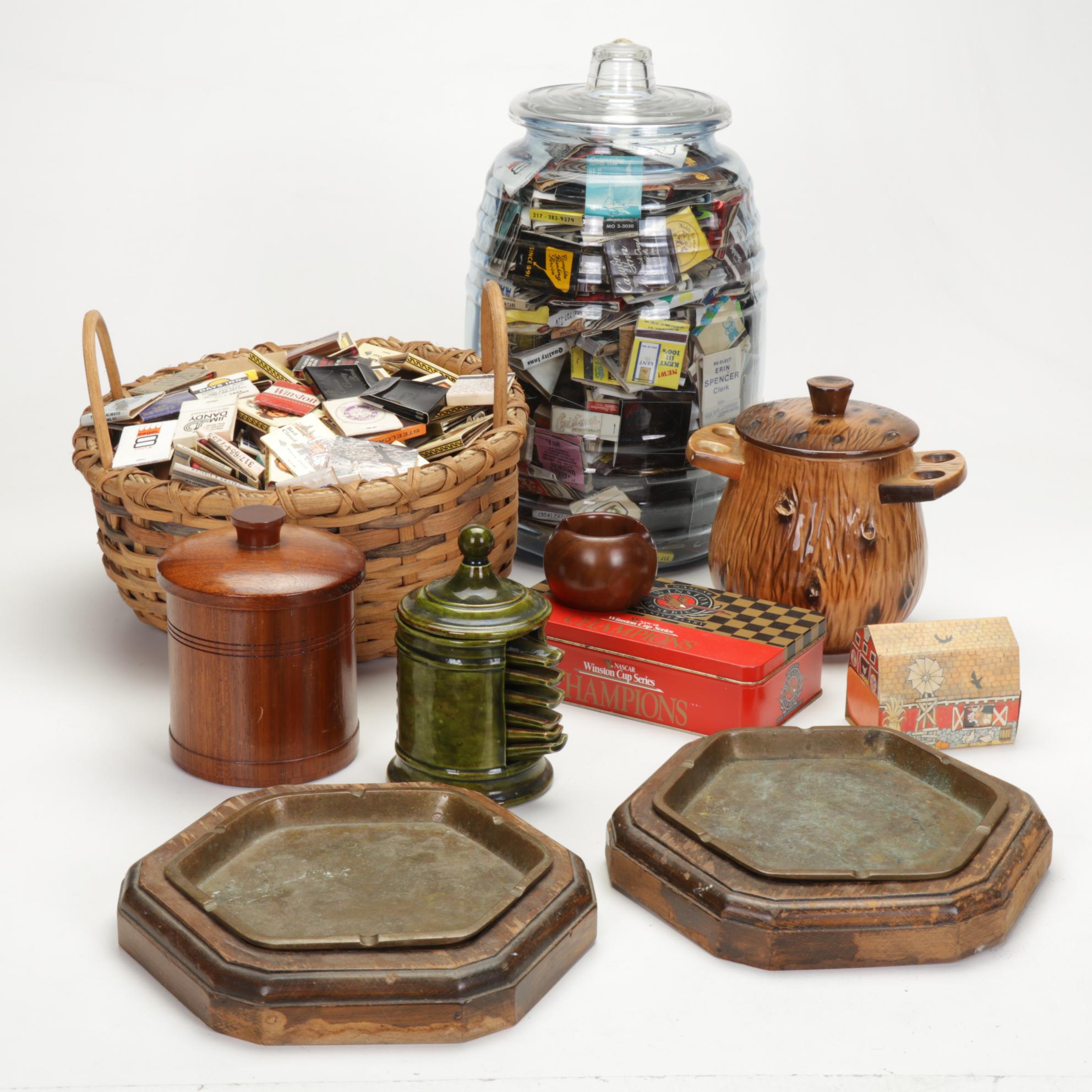 Matchbook Collection, Large Glass Jar, Ashtrays, Humidor, and More