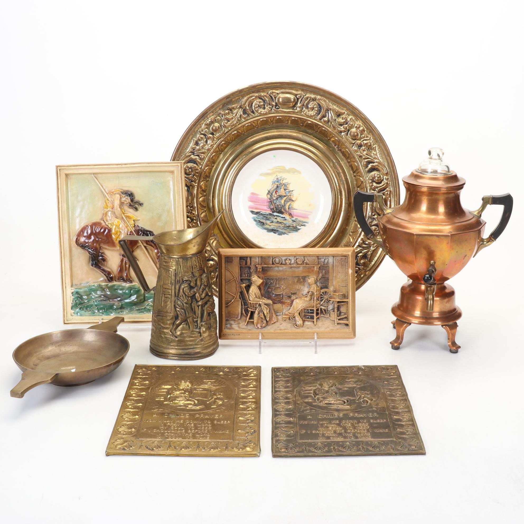 Manning & Bowman Copper Percolator, Brass Porringer and Other Wall Decor