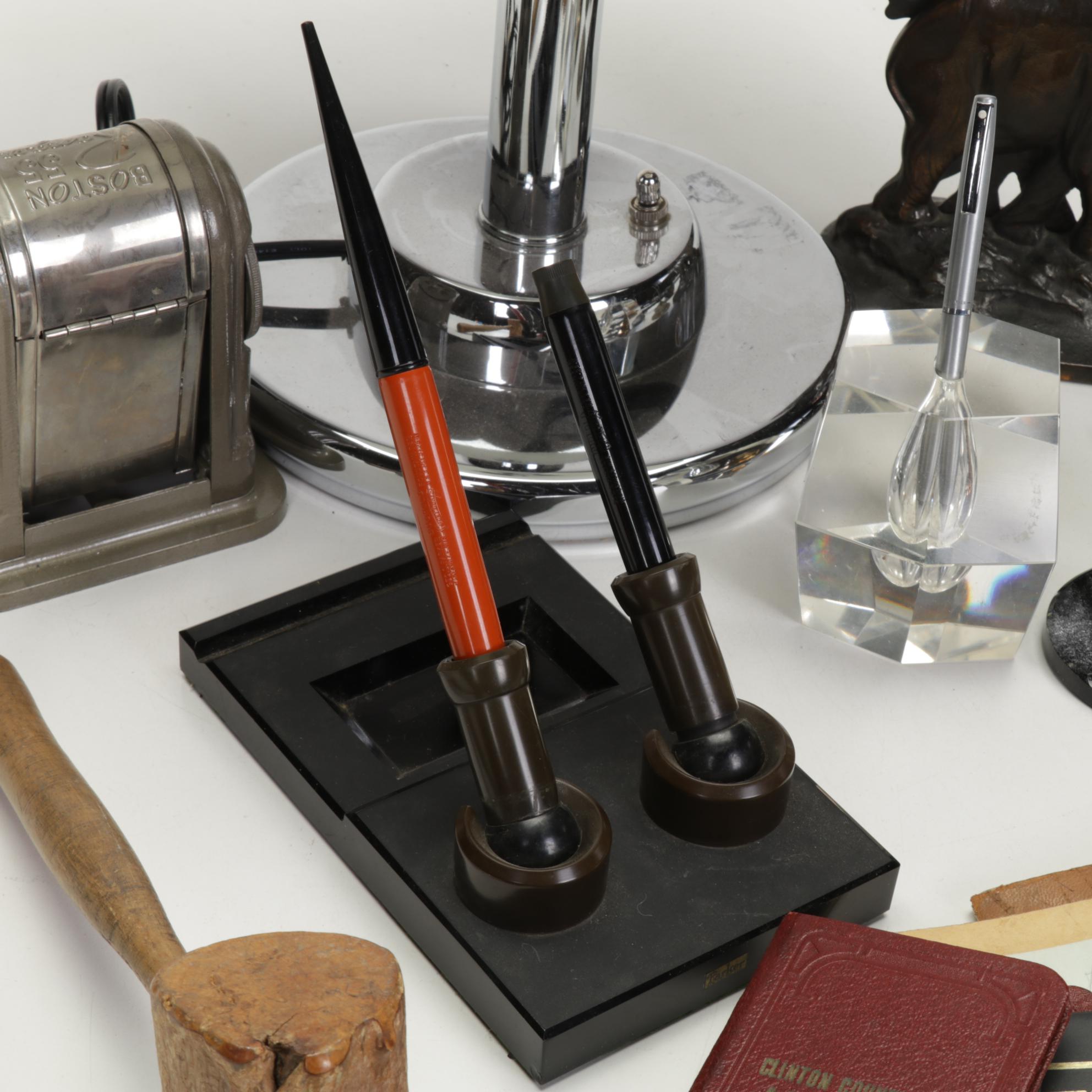 Aluminium Table Lamp, Parker Desk Set, Cast Iron Elephant Bookends, and