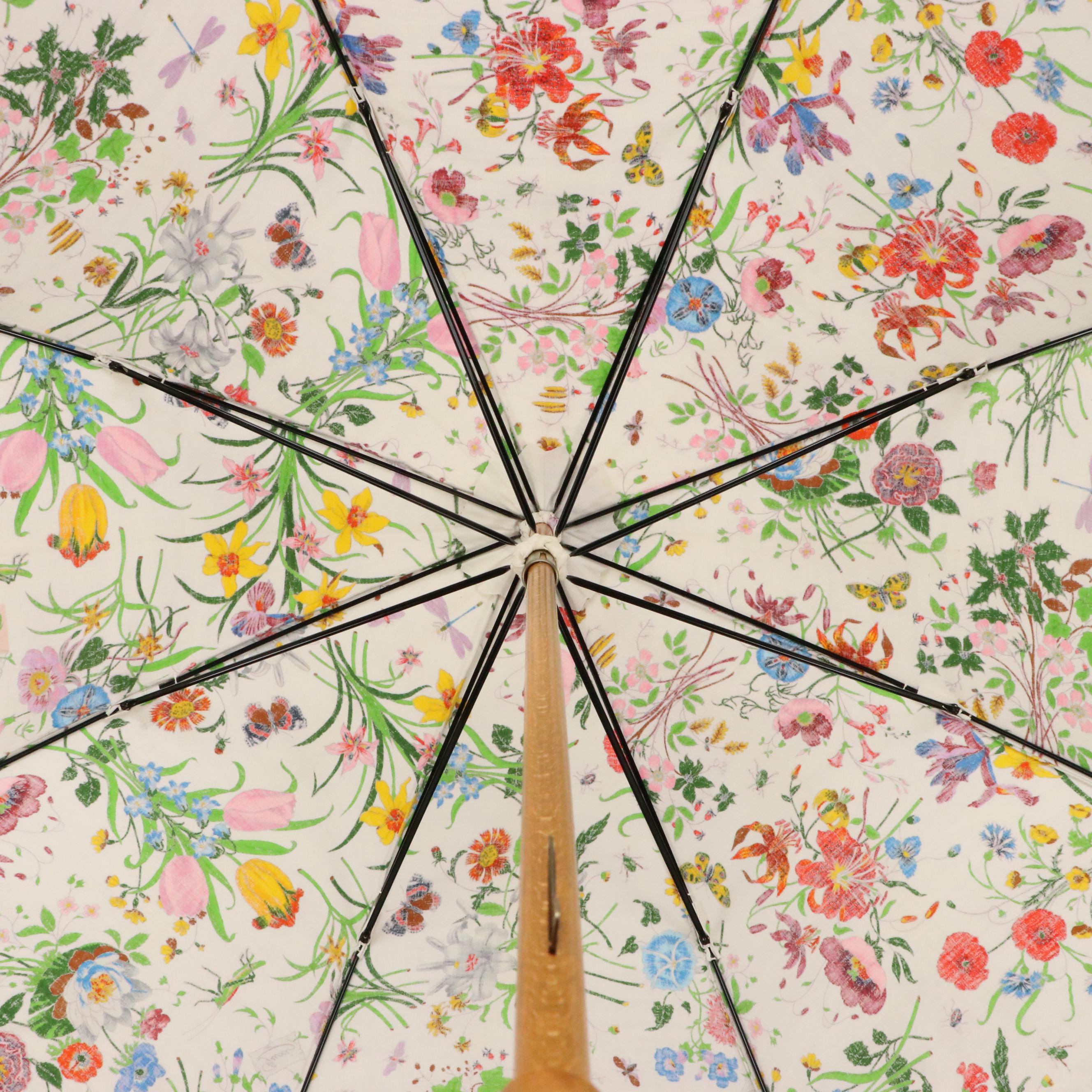 Gucci  Wooden Umbrella in Floral and Insect Print Coated Cotton