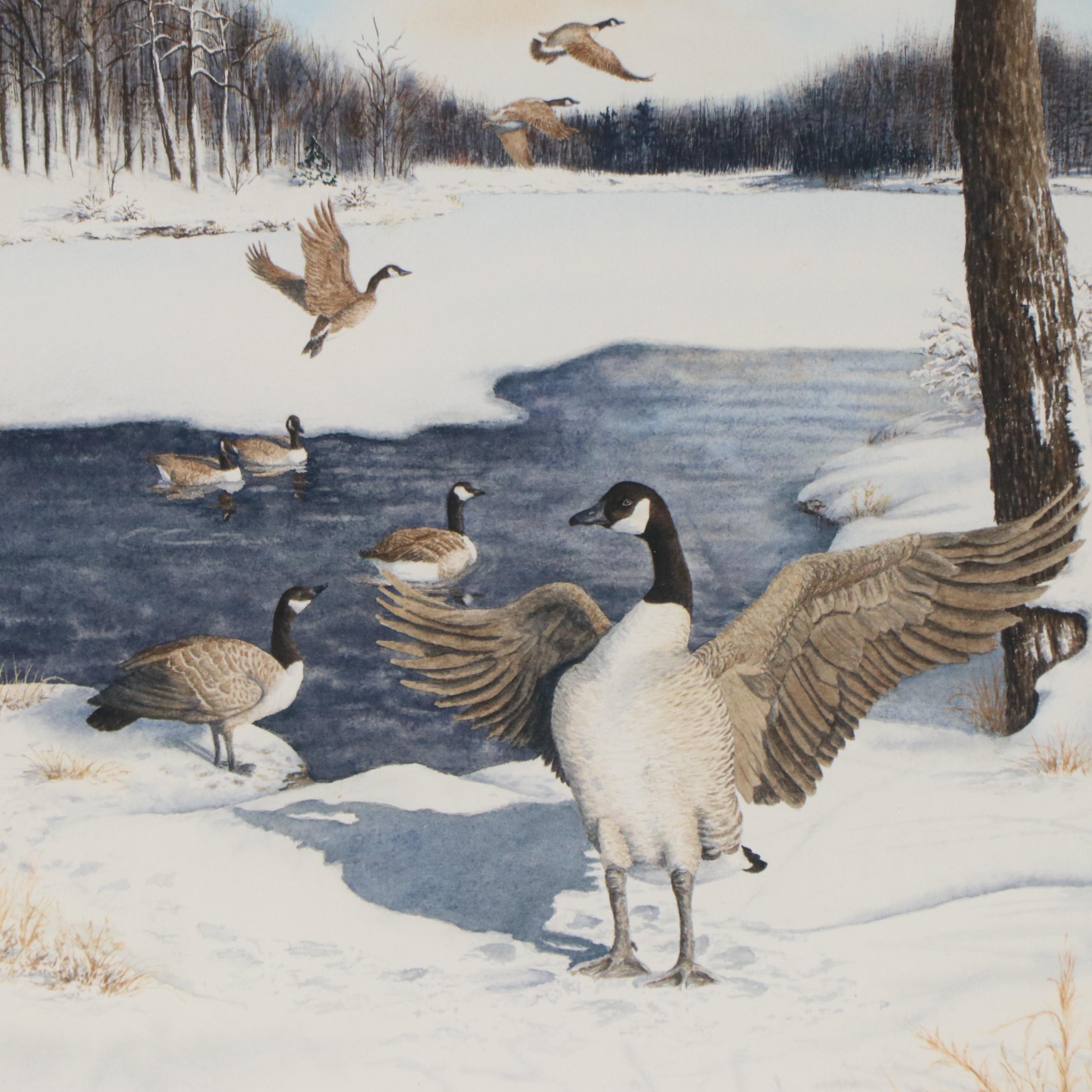 Joan Arnold Watercolor Painting of a Winter Landscape with Canadian Geese