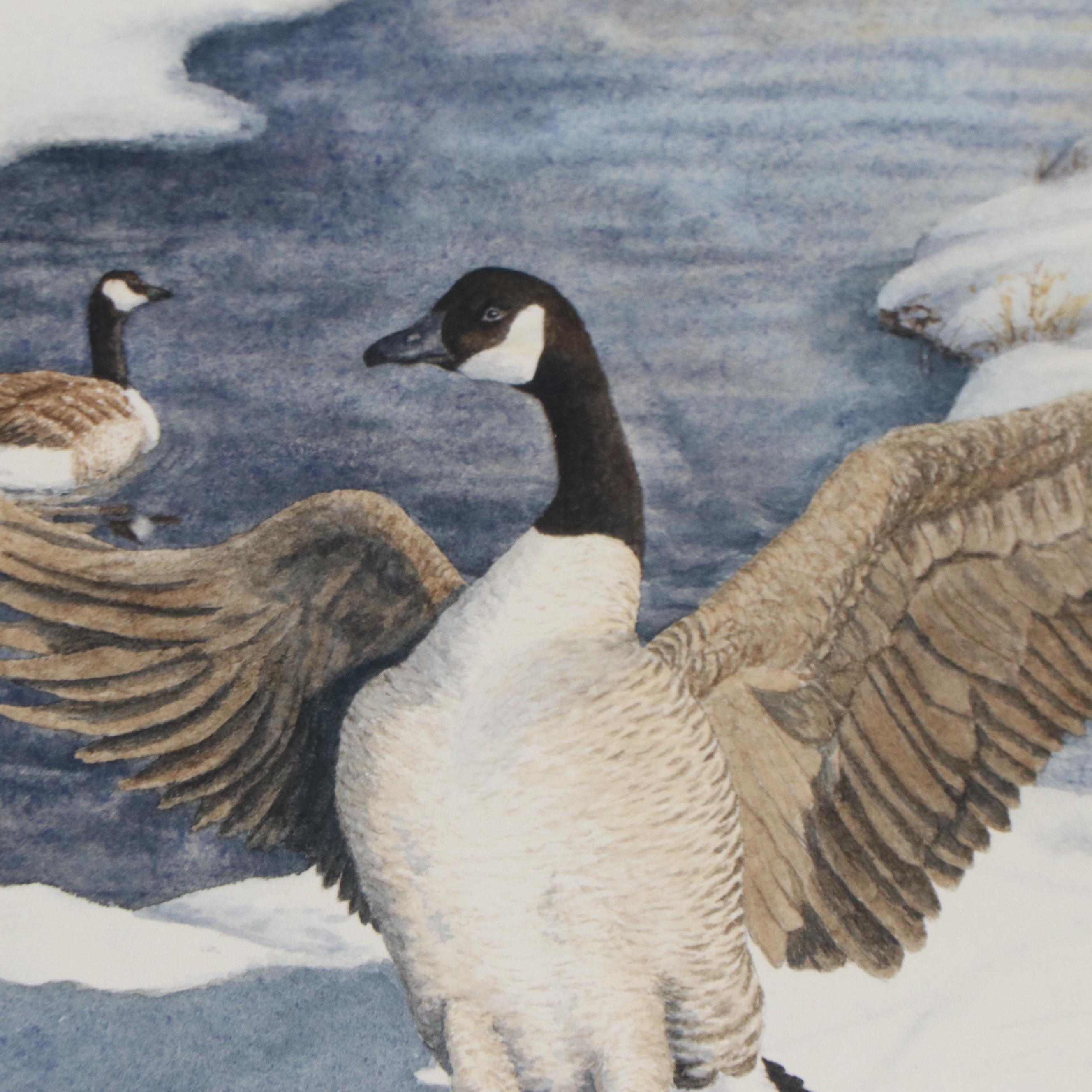 Joan Arnold Watercolor Painting of a Winter Landscape with Canadian Geese