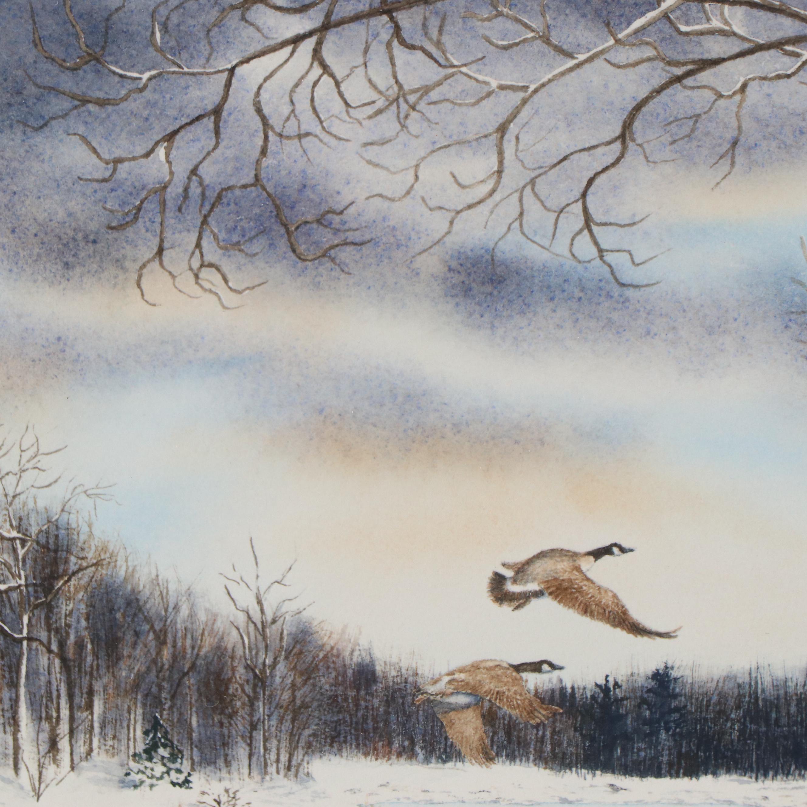 Joan Arnold Watercolor Painting of a Winter Landscape with Canadian Geese