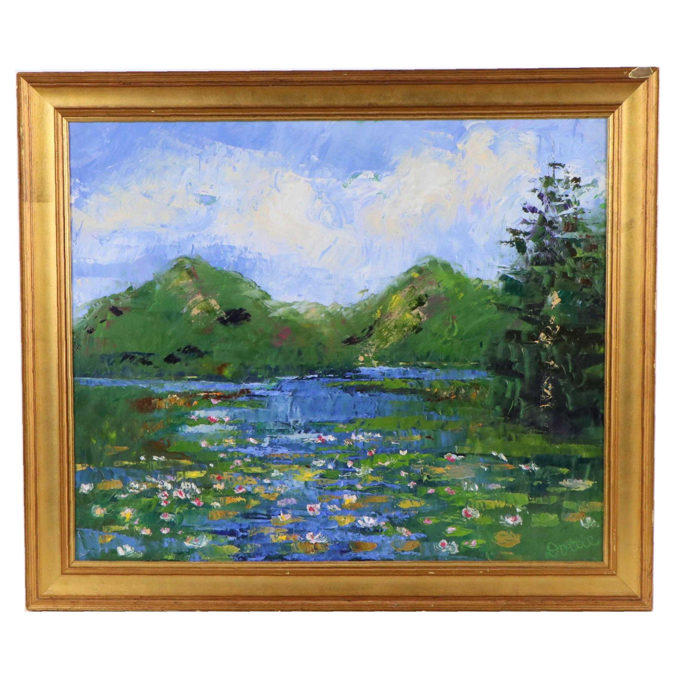 Dottie Abramowski Landscape Oil Painting of Waterlily Pond, 21st Century