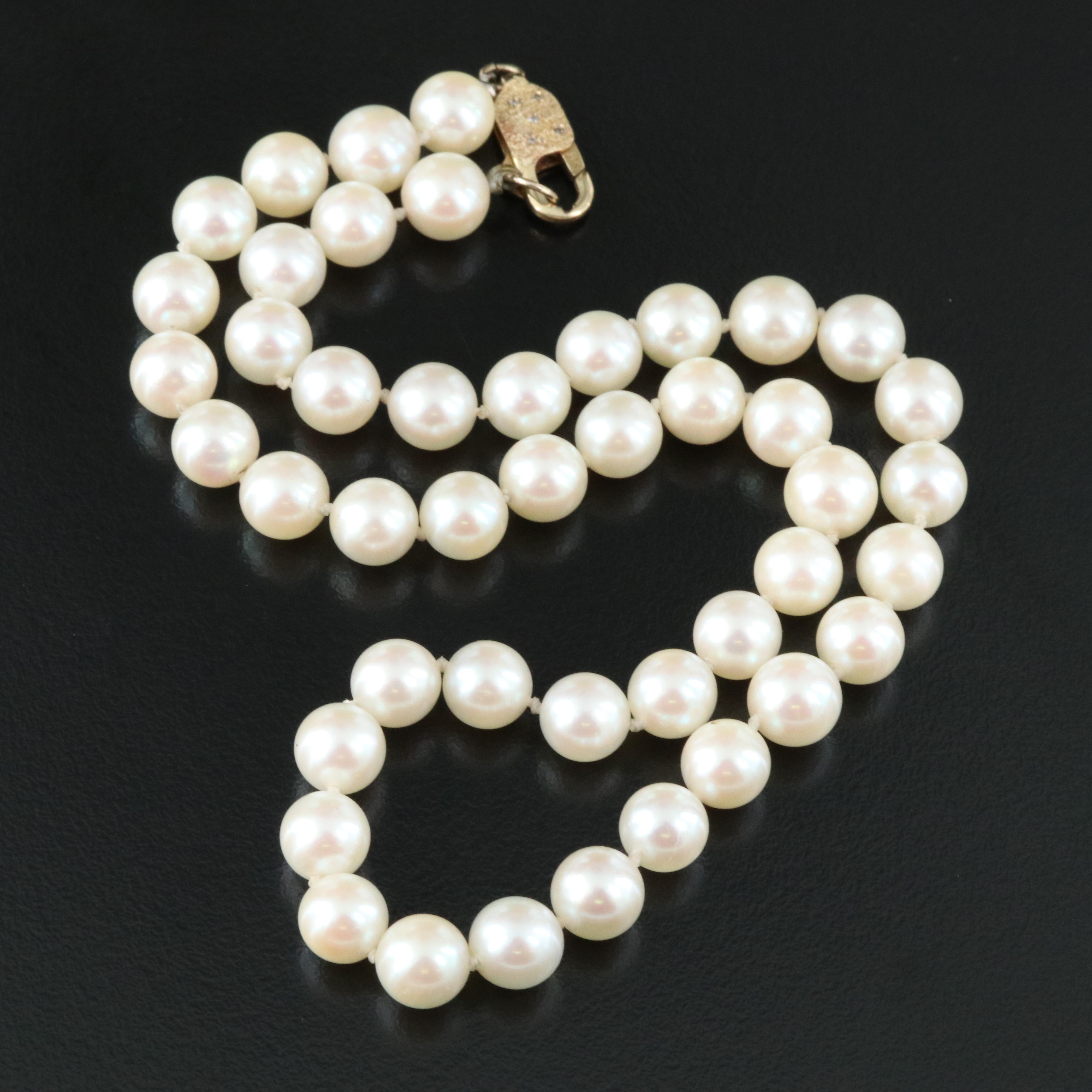 Pearl Necklace With 14K and Diamond Clasp