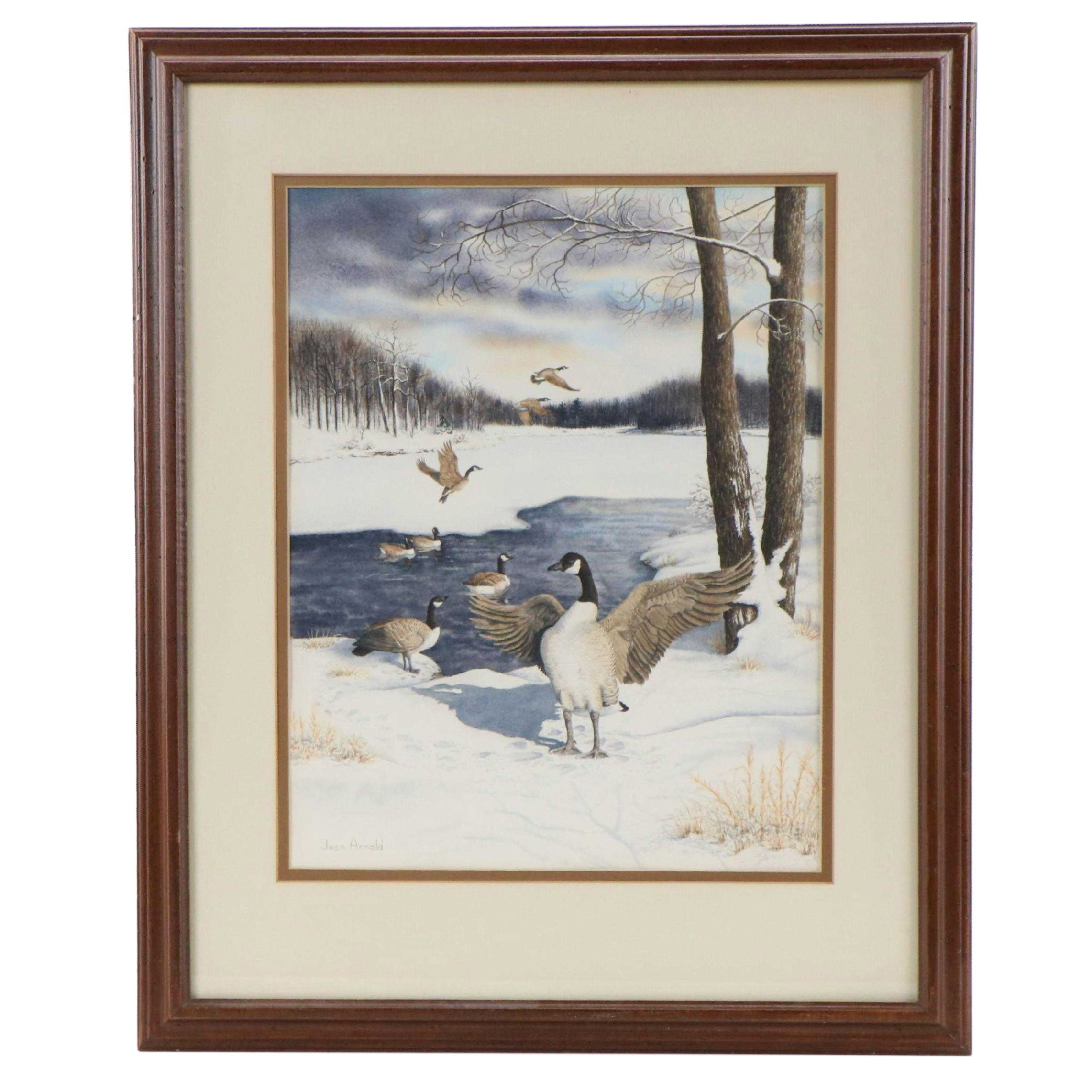 Joan Arnold Watercolor Painting of a Winter Landscape with Canadian Geese