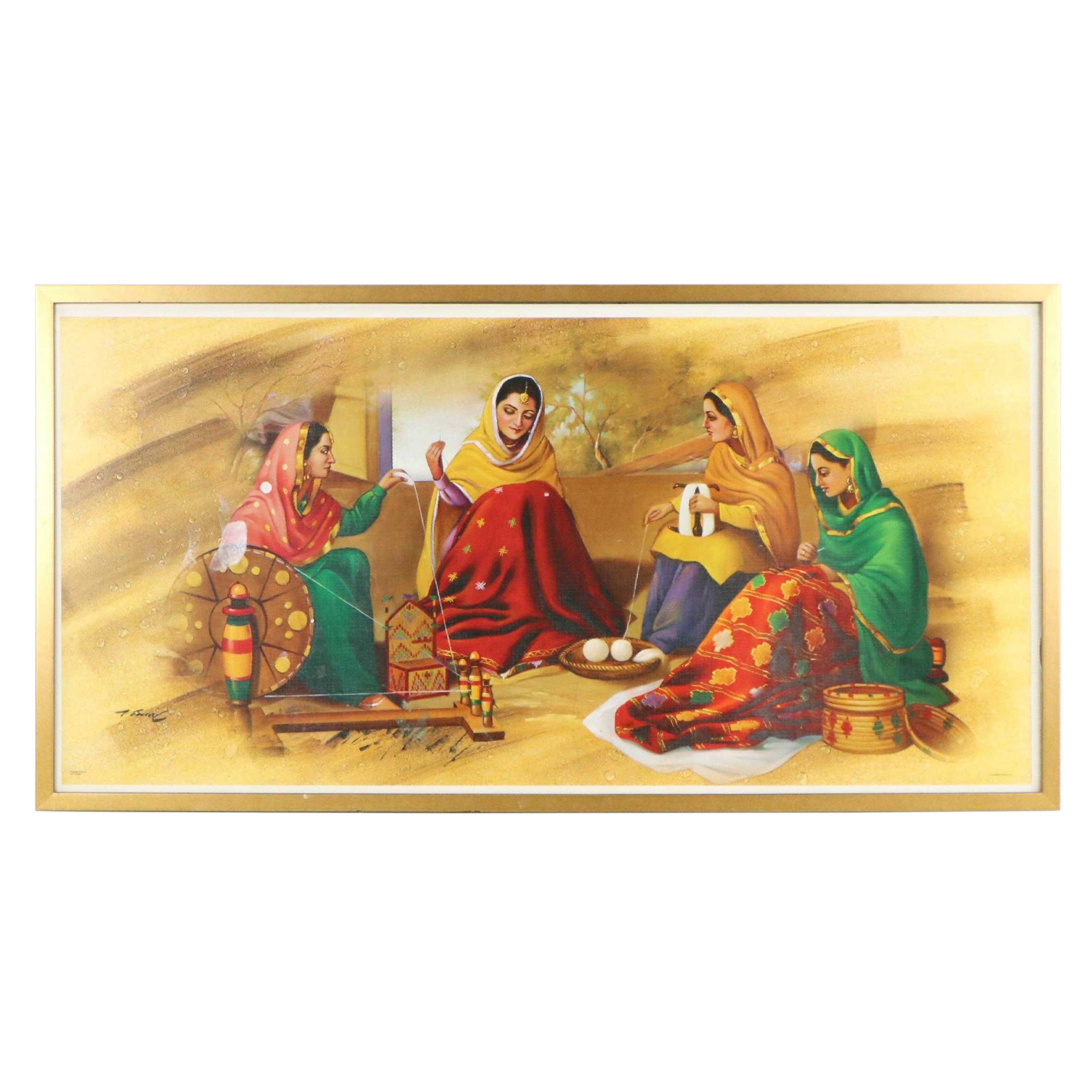 Offset Lithograph of Punjabi Women Spinning the Charkha