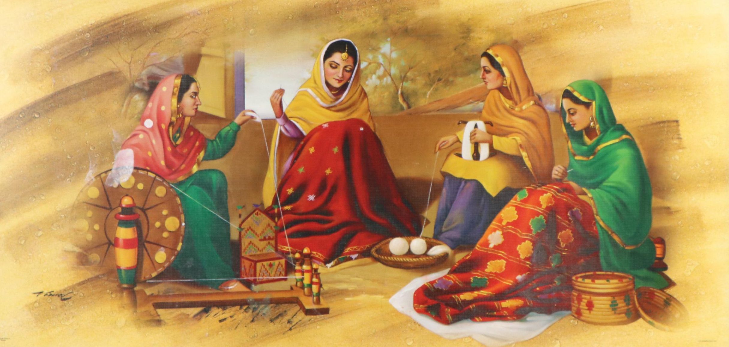 Offset Lithograph of Punjabi Women Spinning the Charkha