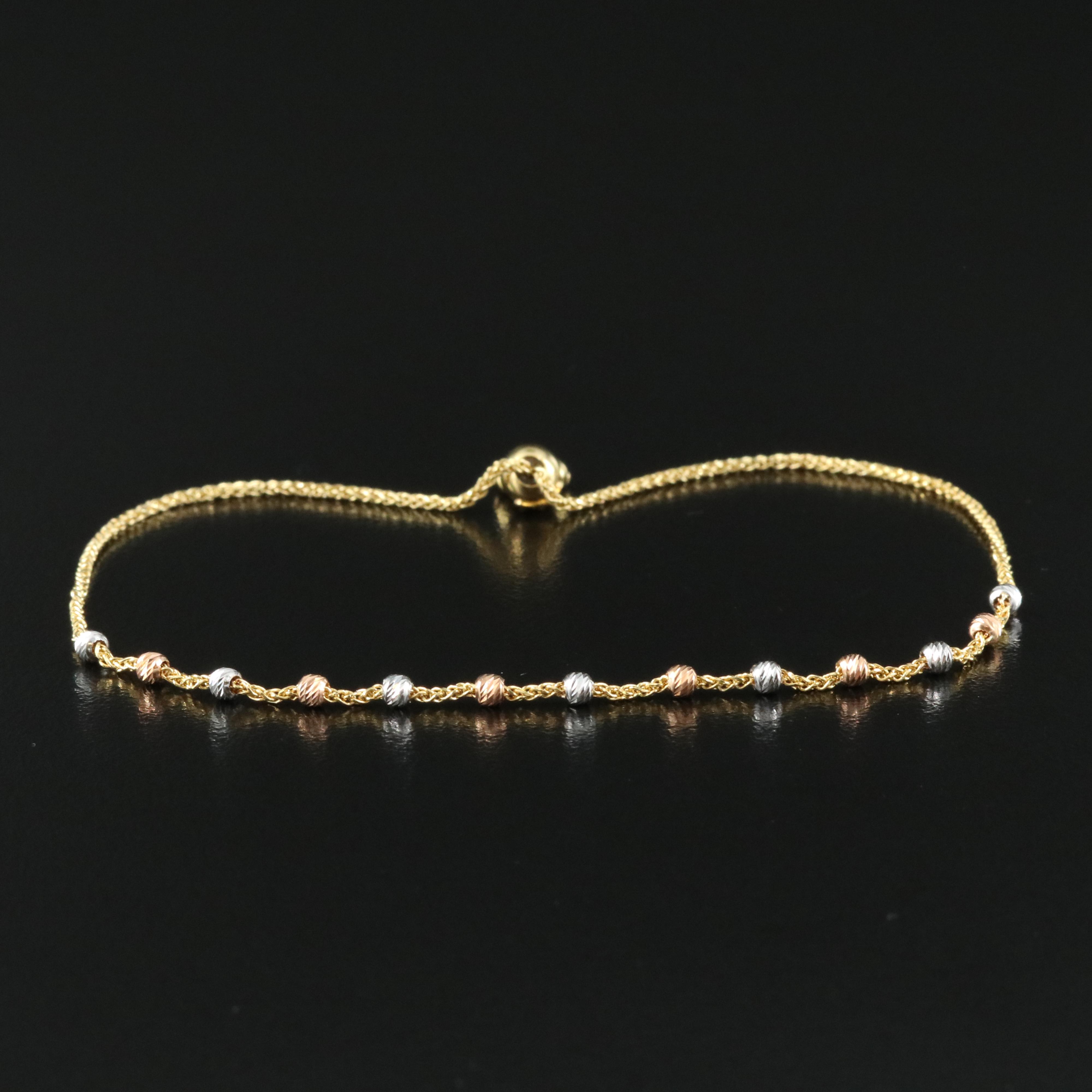 14K Tri-Color Gold Bead Station Bolo Bracelet