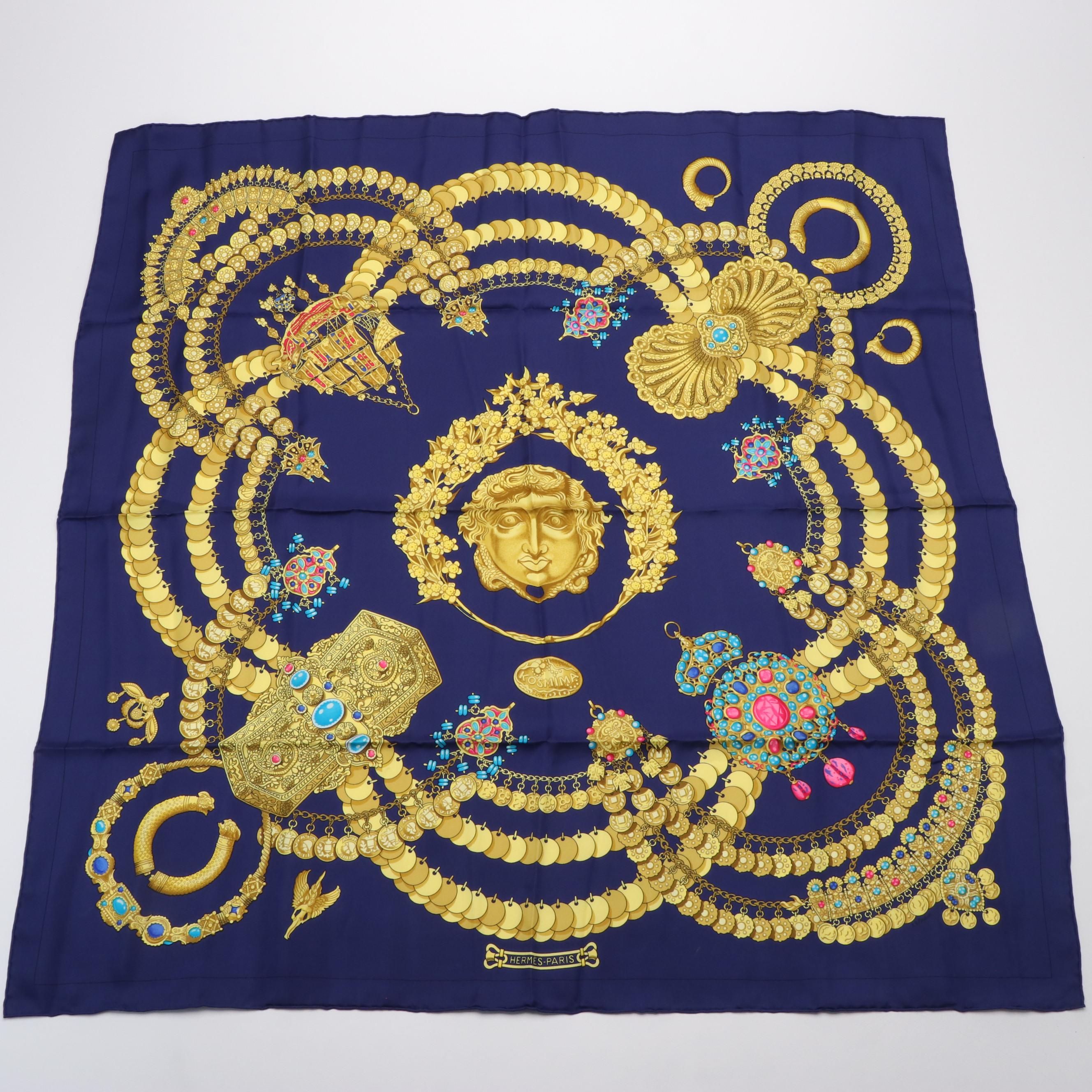 Hermès "Kosmima" Jewelry Precious Metals Navy Gold Silk Scarf