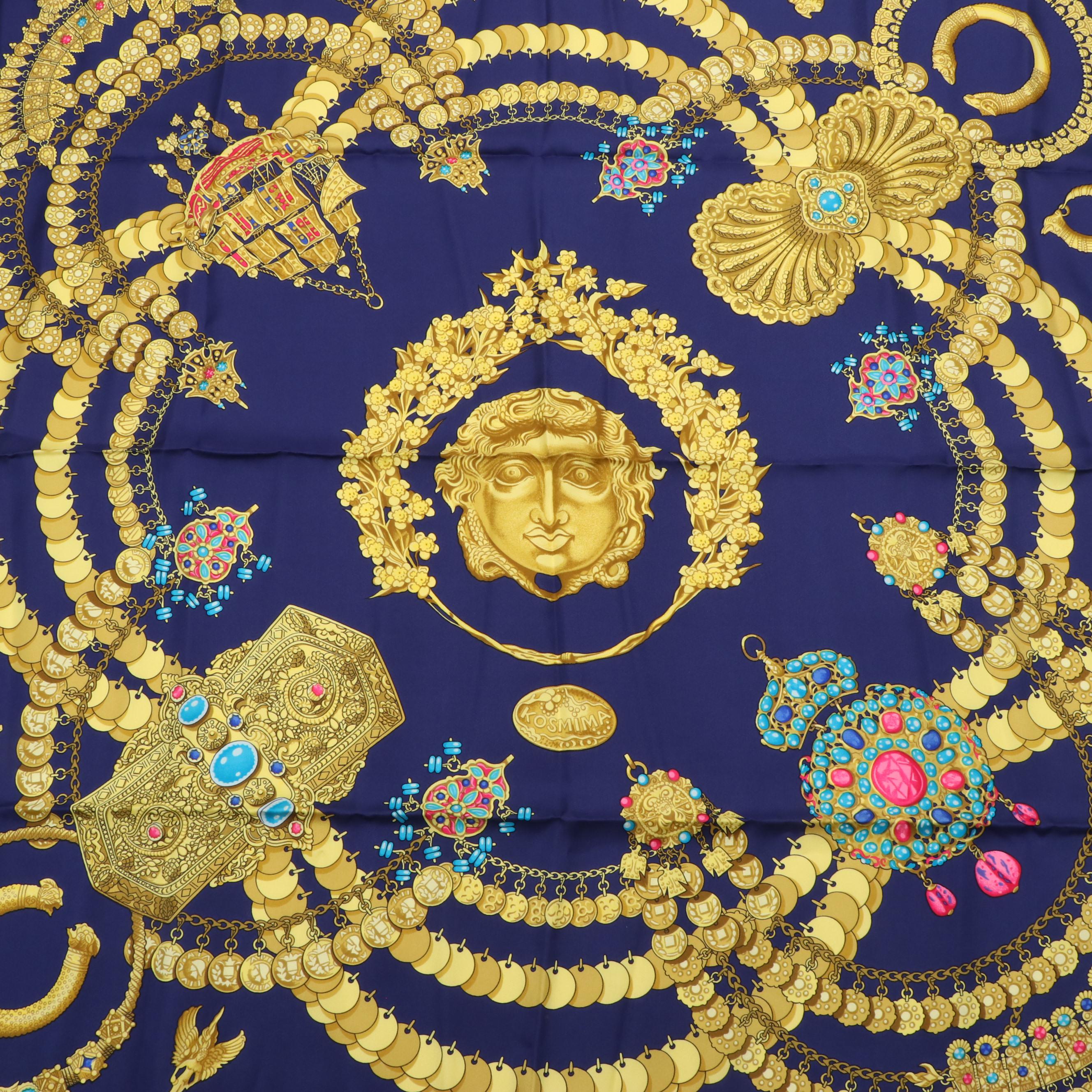 Hermès "Kosmima" Jewelry Precious Metals Navy Gold Silk Scarf