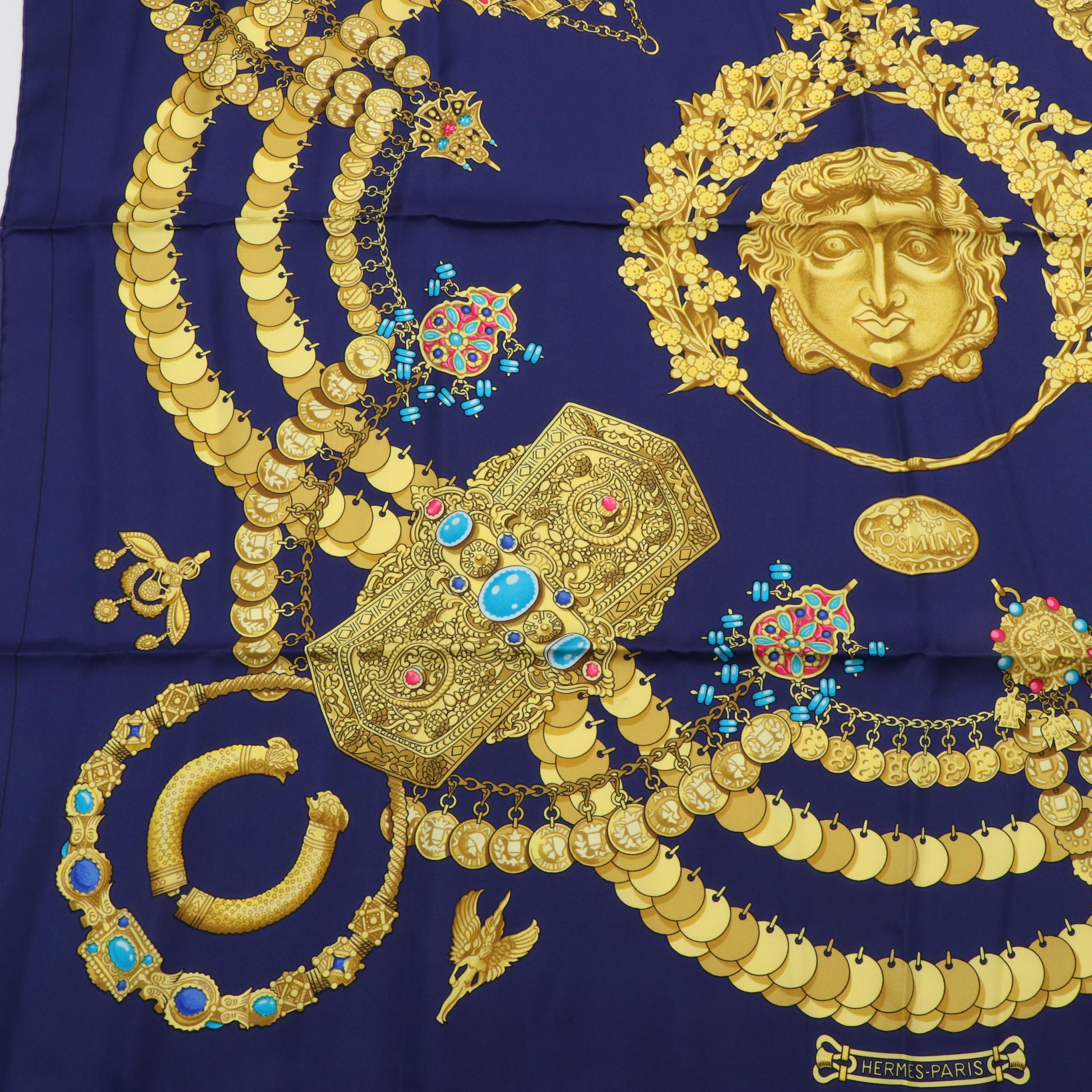 Hermès "Kosmima" Jewelry Precious Metals Navy Gold Silk Scarf