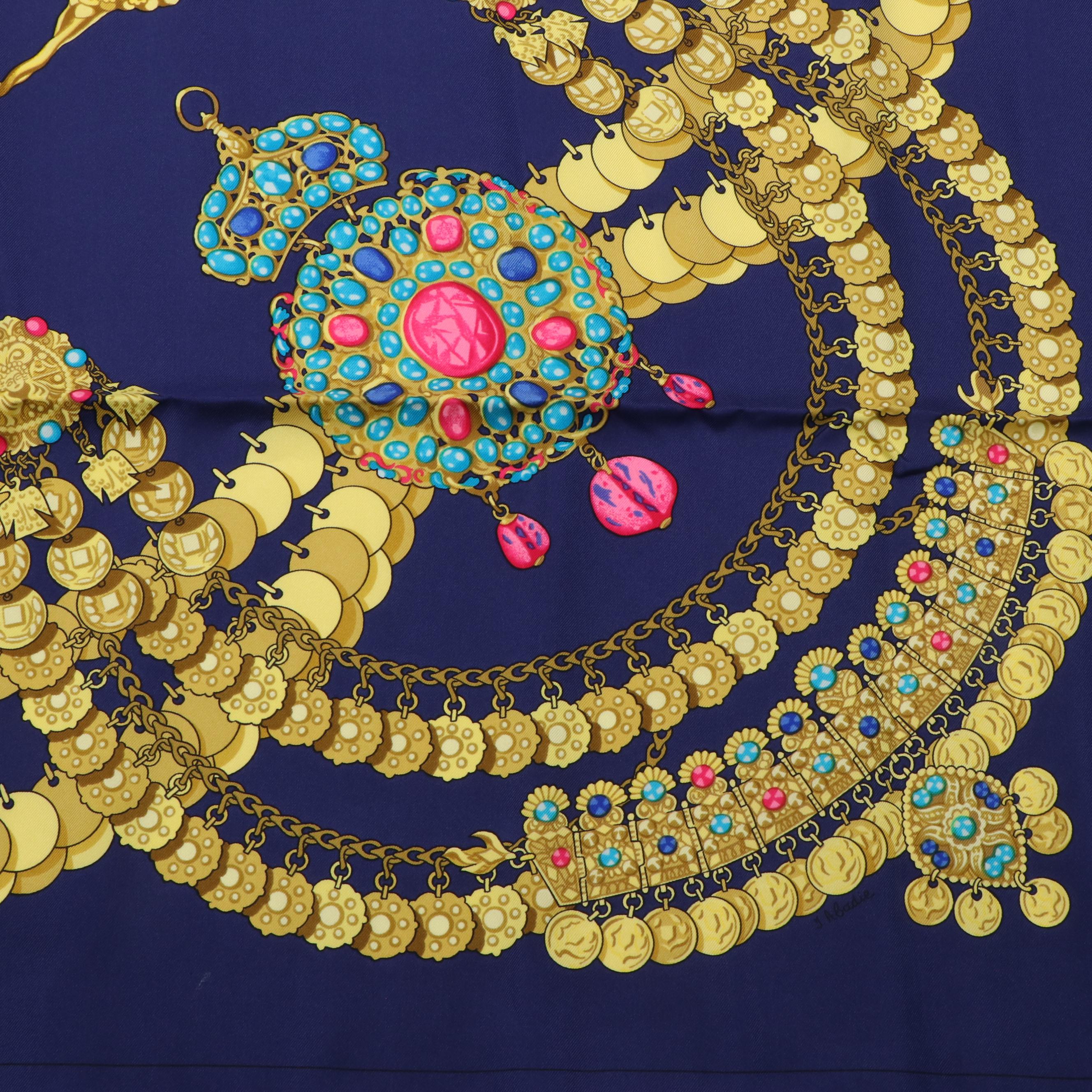 Hermès "Kosmima" Jewelry Precious Metals Navy Gold Silk Scarf