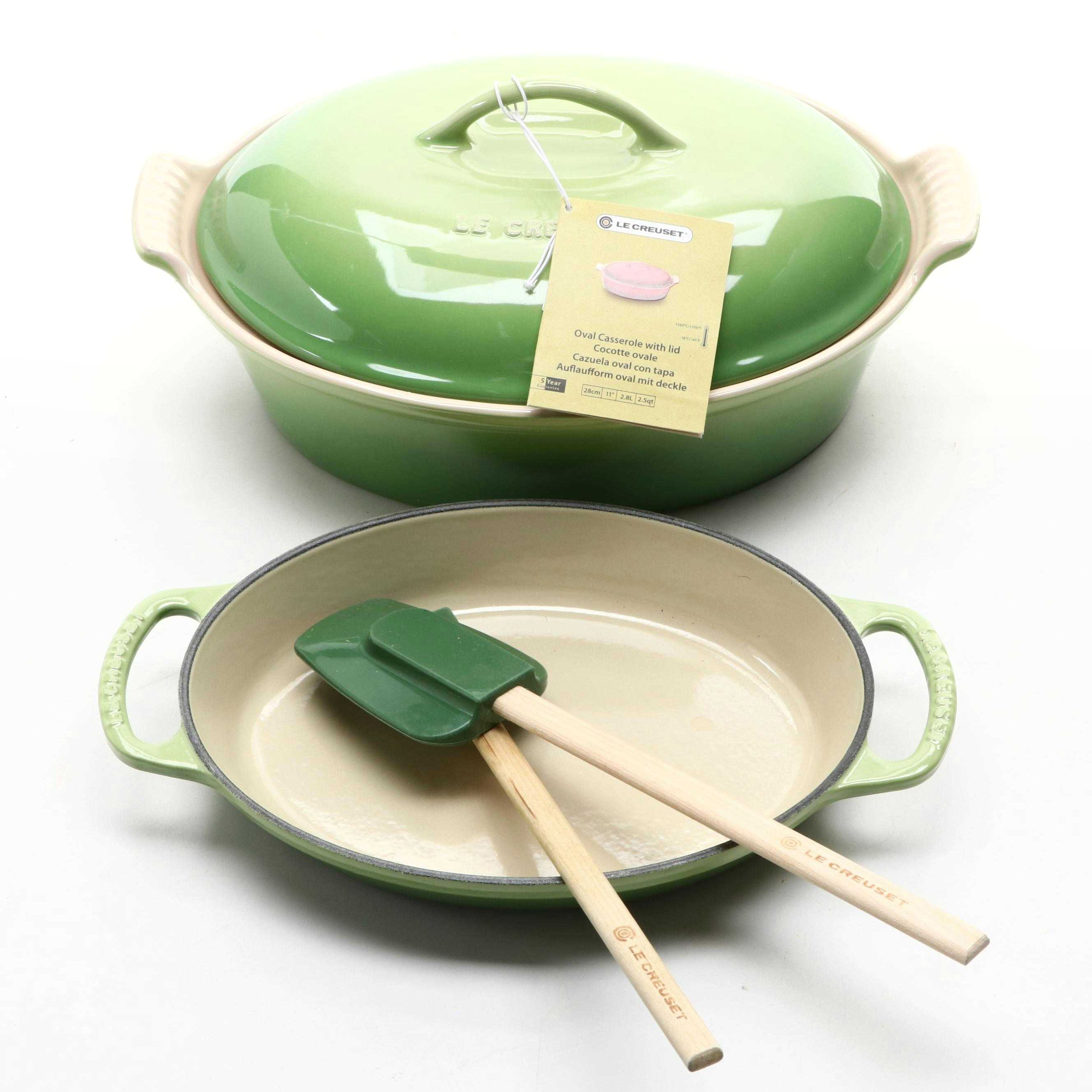 Le Creuset "Palm" Stoneware Oval Casserole, Enameled Cast Iron Baker, Spatulas