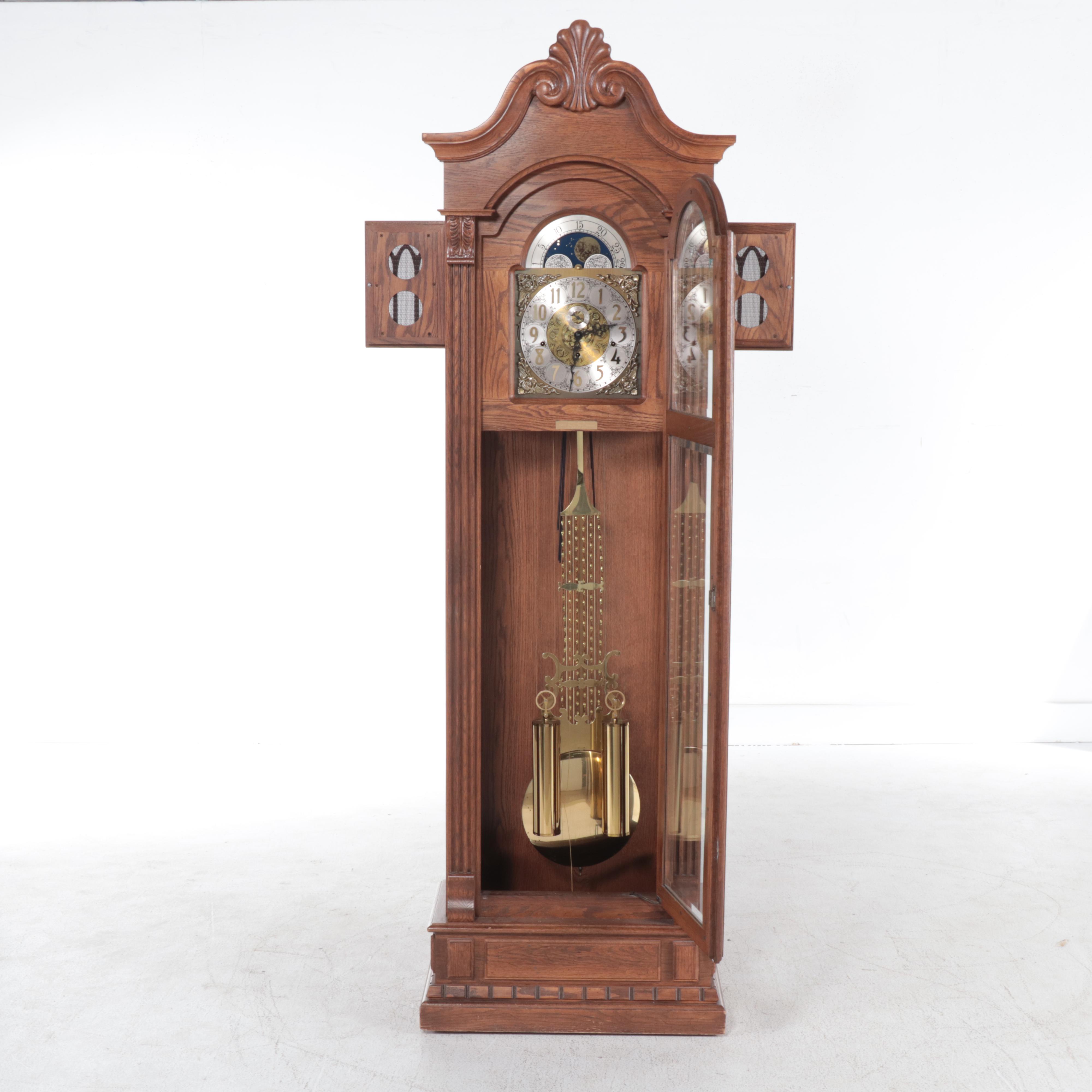 GMK-Fancher Clock Co. Federal Style Oak Grandfather Clock, Late 20th Century
