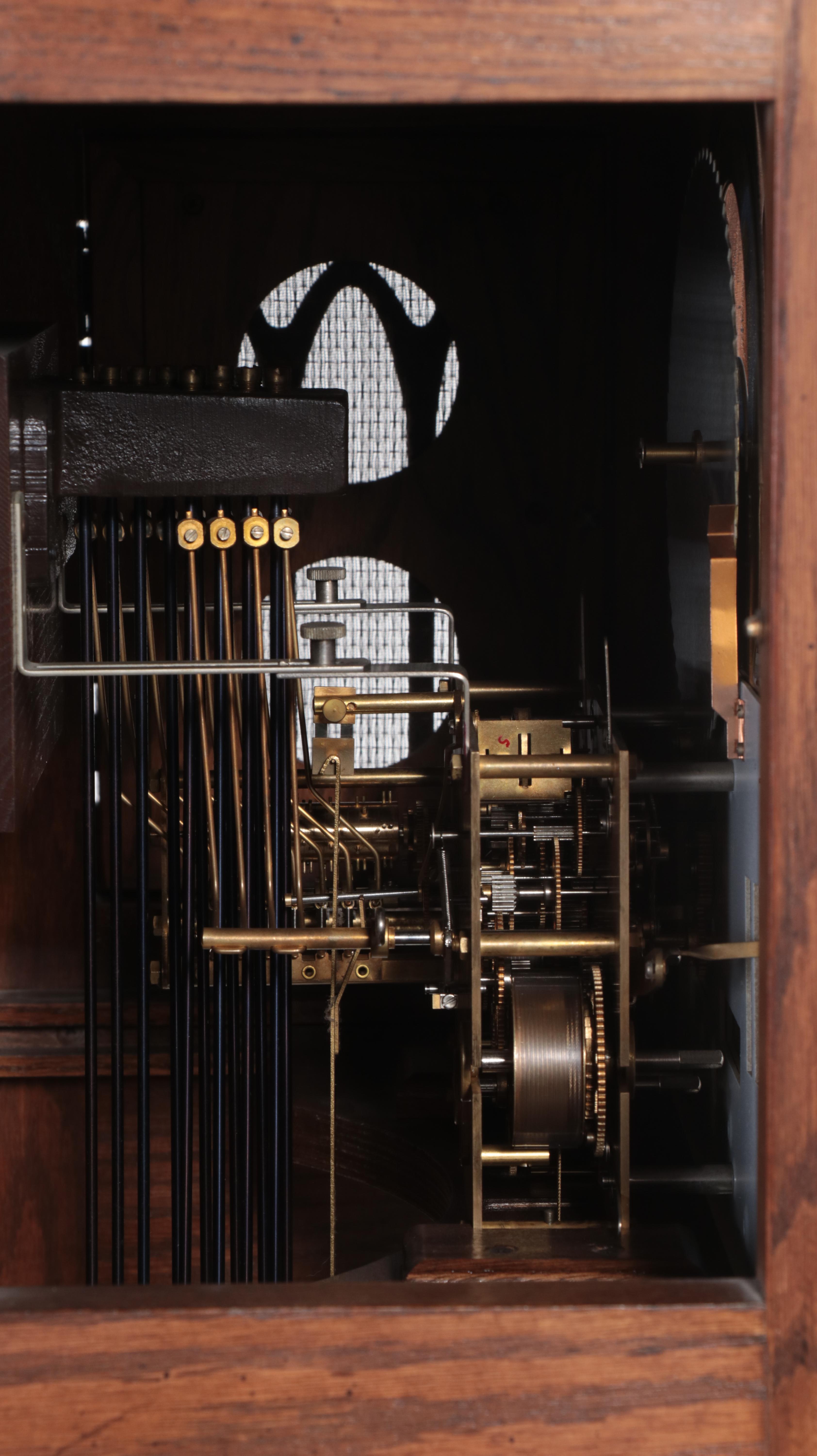 GMK-Fancher Clock Co. Federal Style Oak Grandfather Clock, Late 20th Century