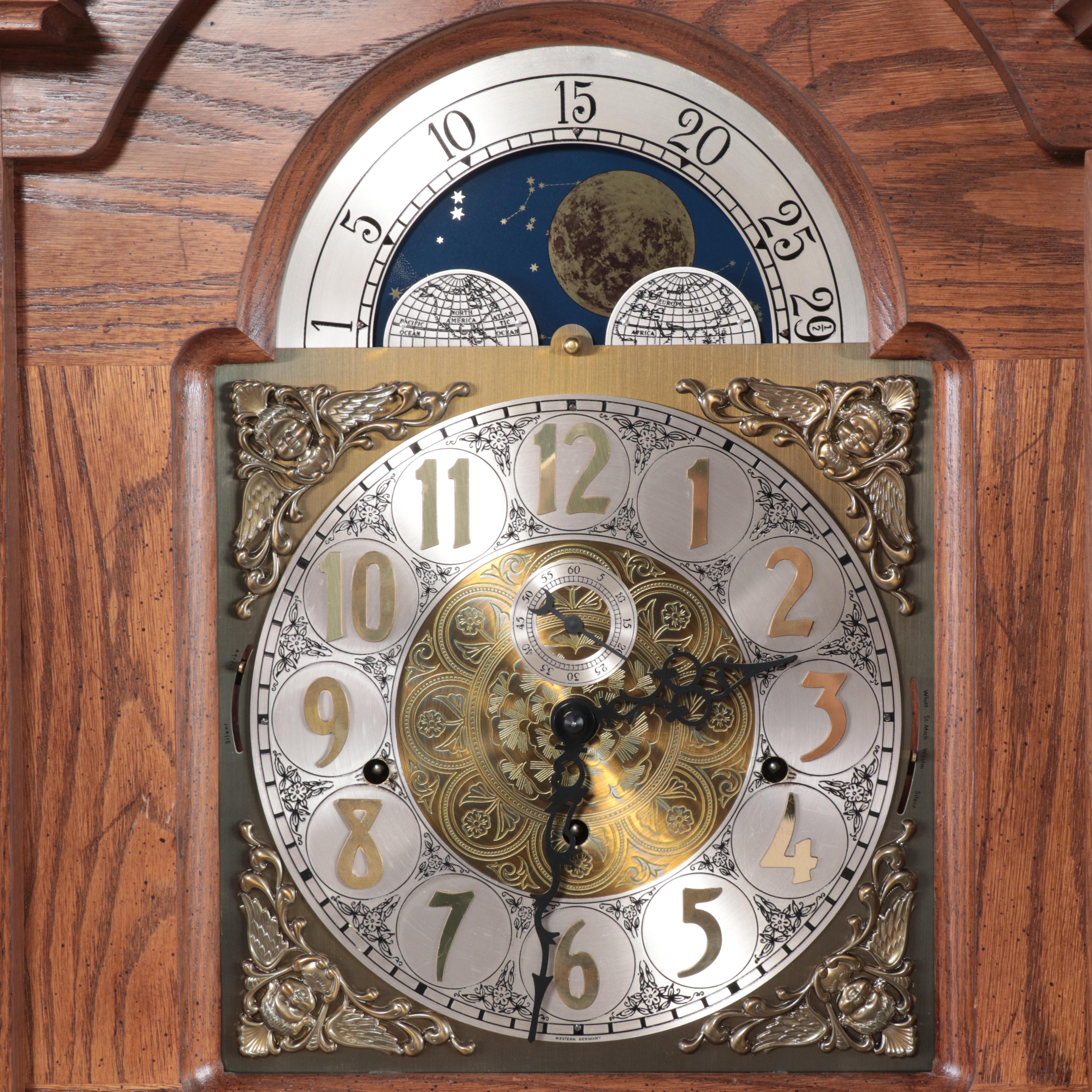 GMK-Fancher Clock Co. Federal Style Oak Grandfather Clock, Late 20th Century