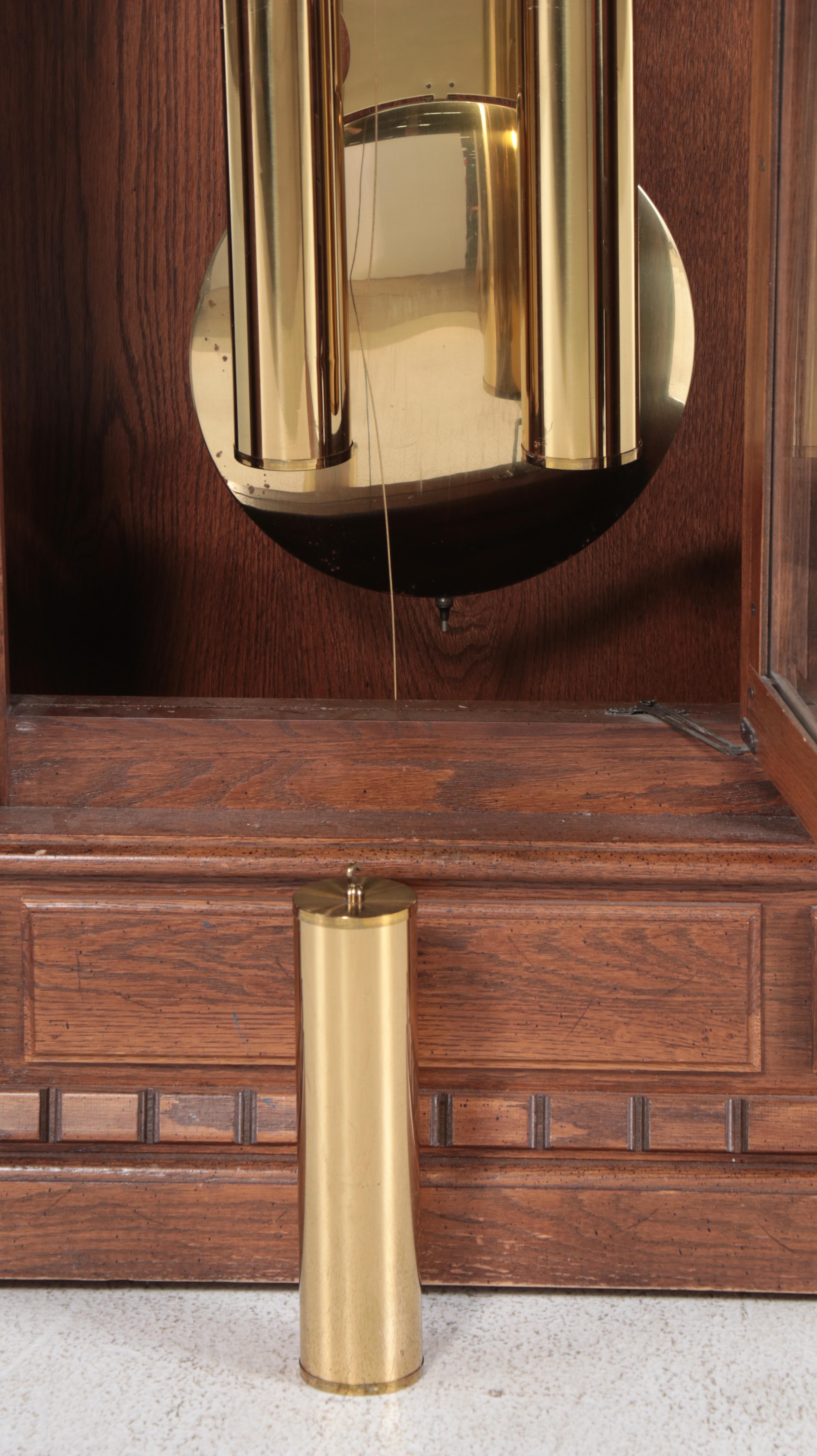 GMK-Fancher Clock Co. Federal Style Oak Grandfather Clock, Late 20th Century