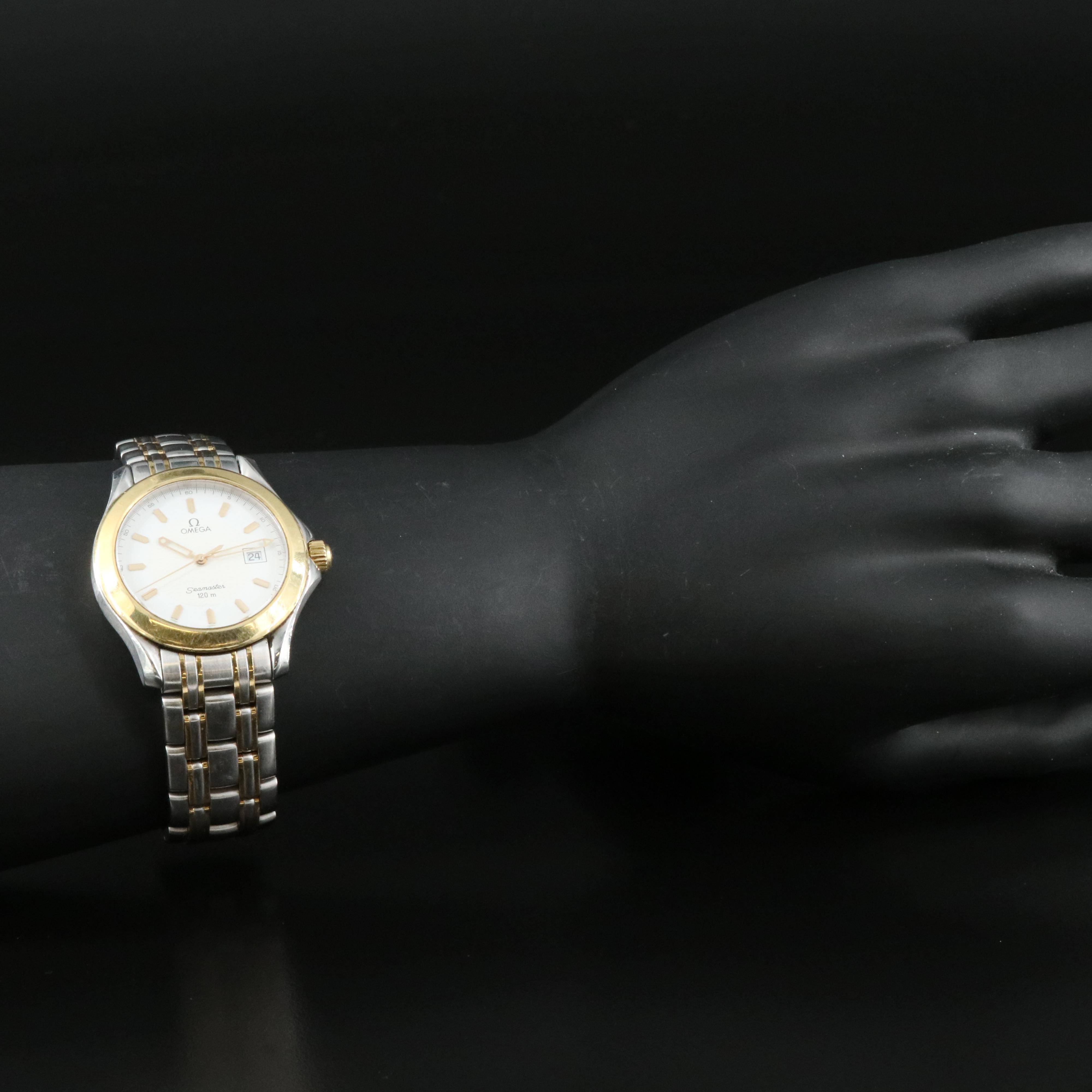 18K and Stainless Steel Omega Seamaster Watch with "Wave" Dial