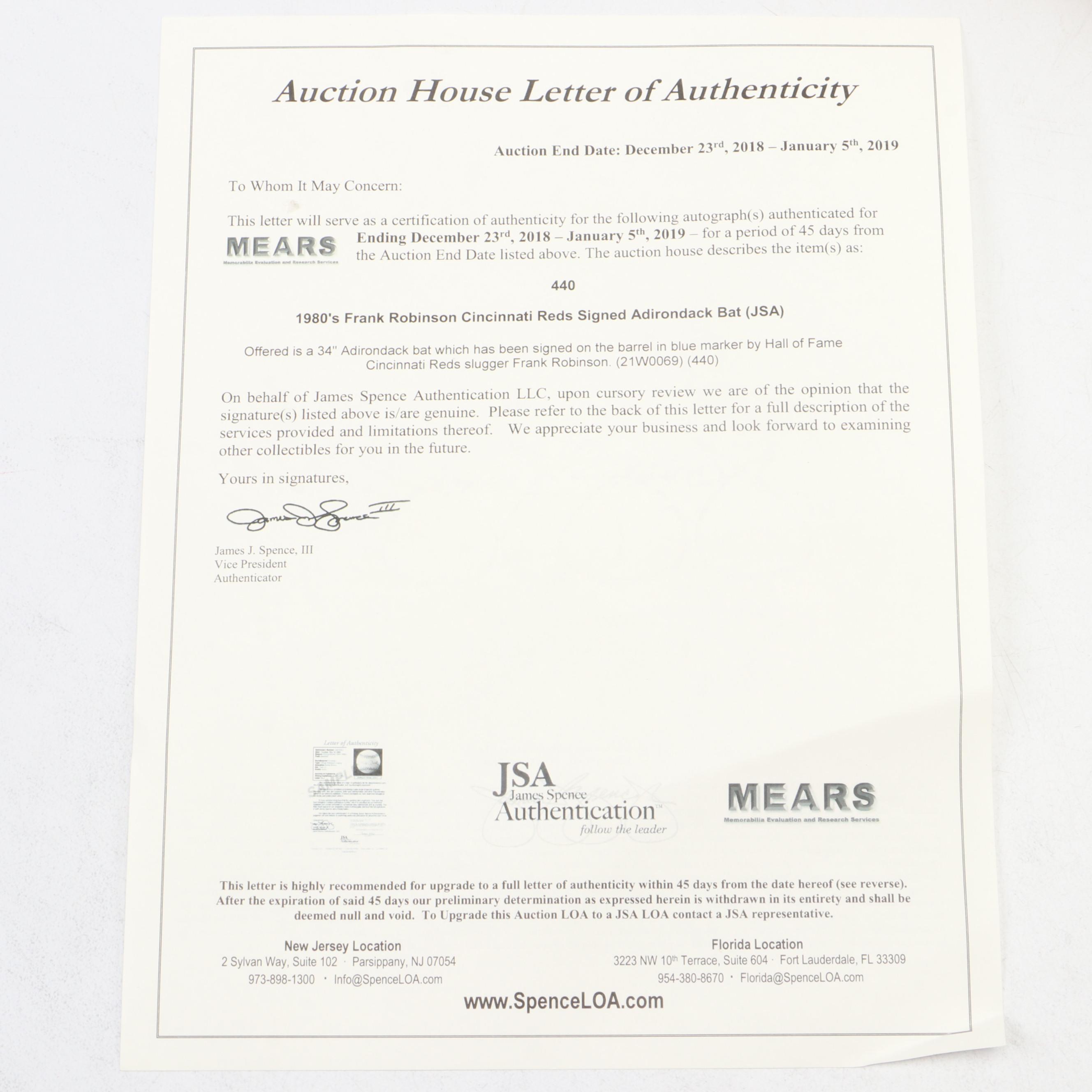 Frank Robinson Signed Adirondack Wooden Baseball Bat