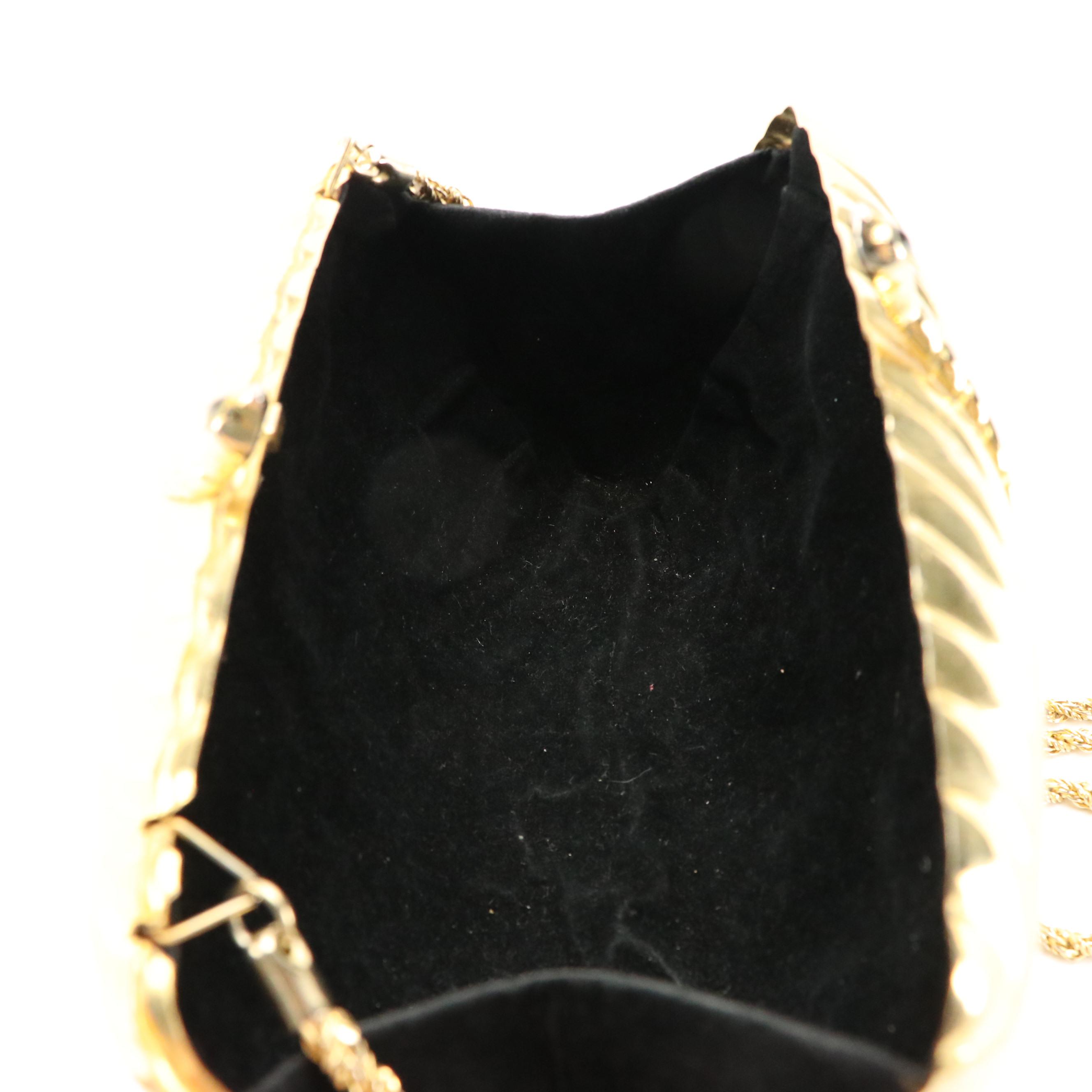 Italian Evening Clutch in Gold Tone Ribbed Metal with Gemstone Clasp