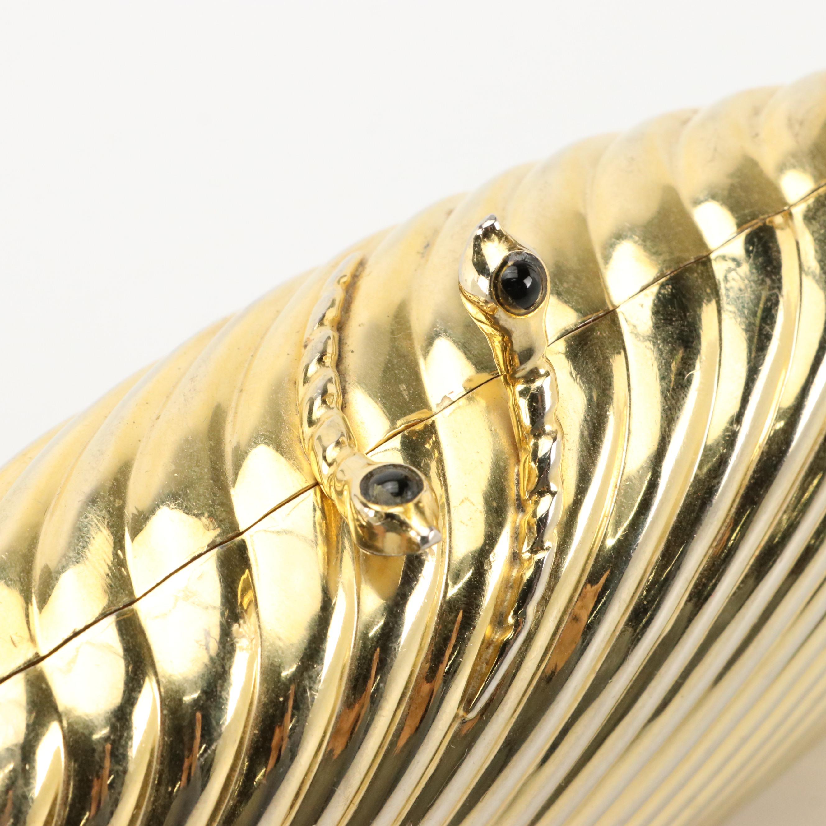 Italian Evening Clutch in Gold Tone Ribbed Metal with Gemstone Clasp