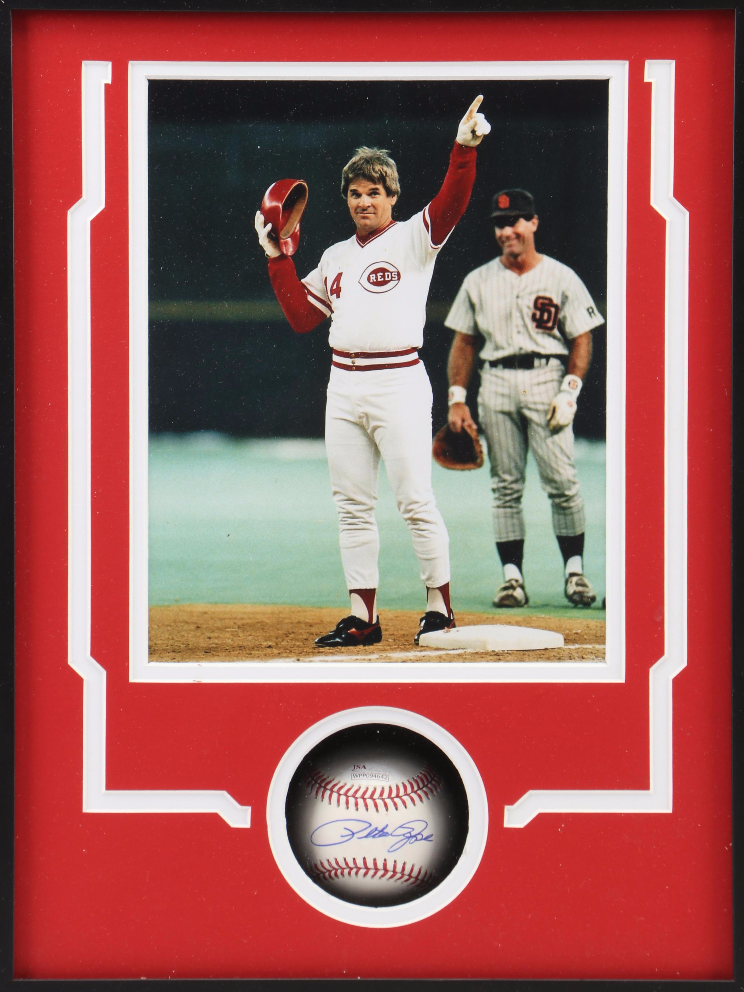Pete Rose Signed Baseball in Matted and Framed Cincinnati Reds Display