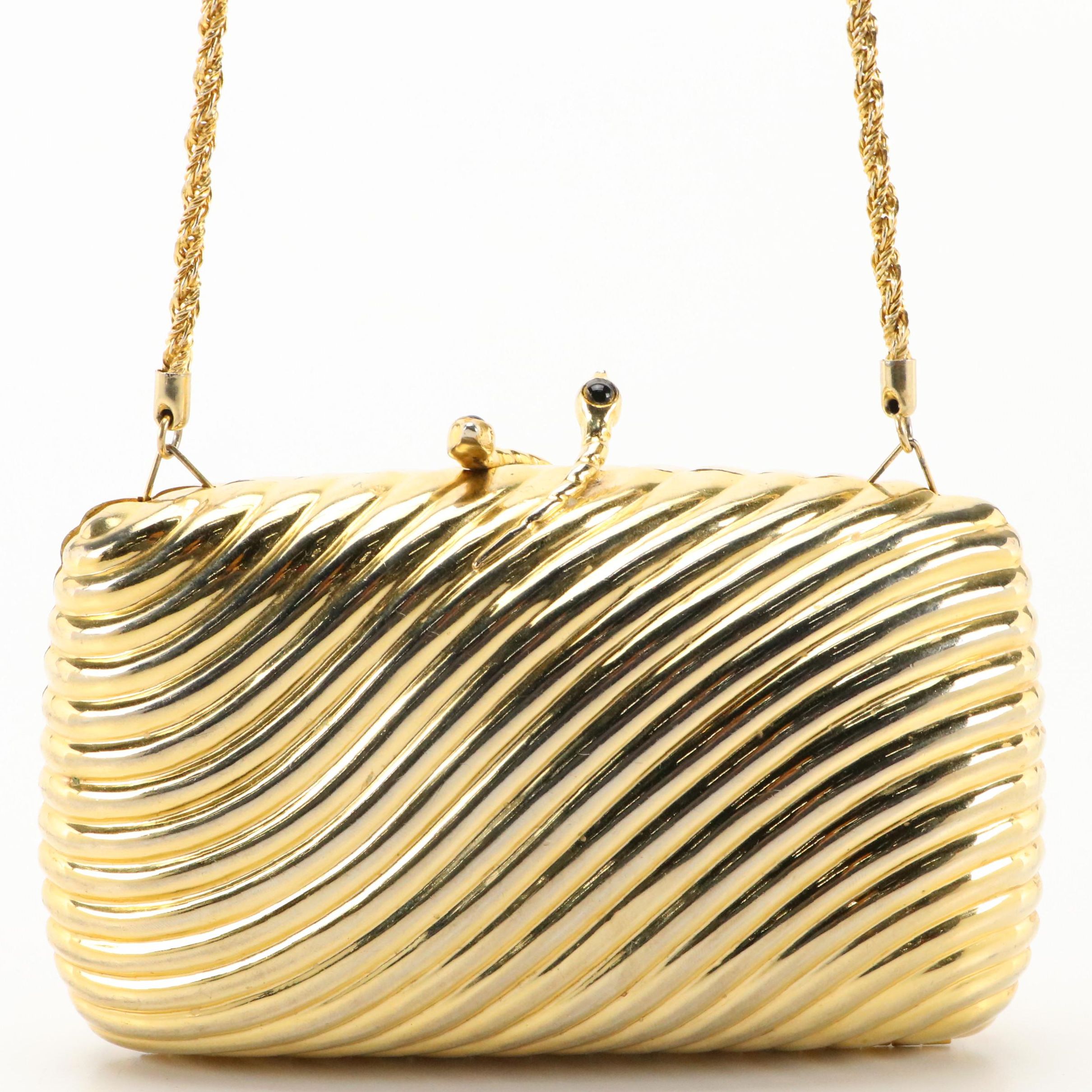 Italian Evening Clutch in Gold Tone Ribbed Metal with Gemstone Clasp