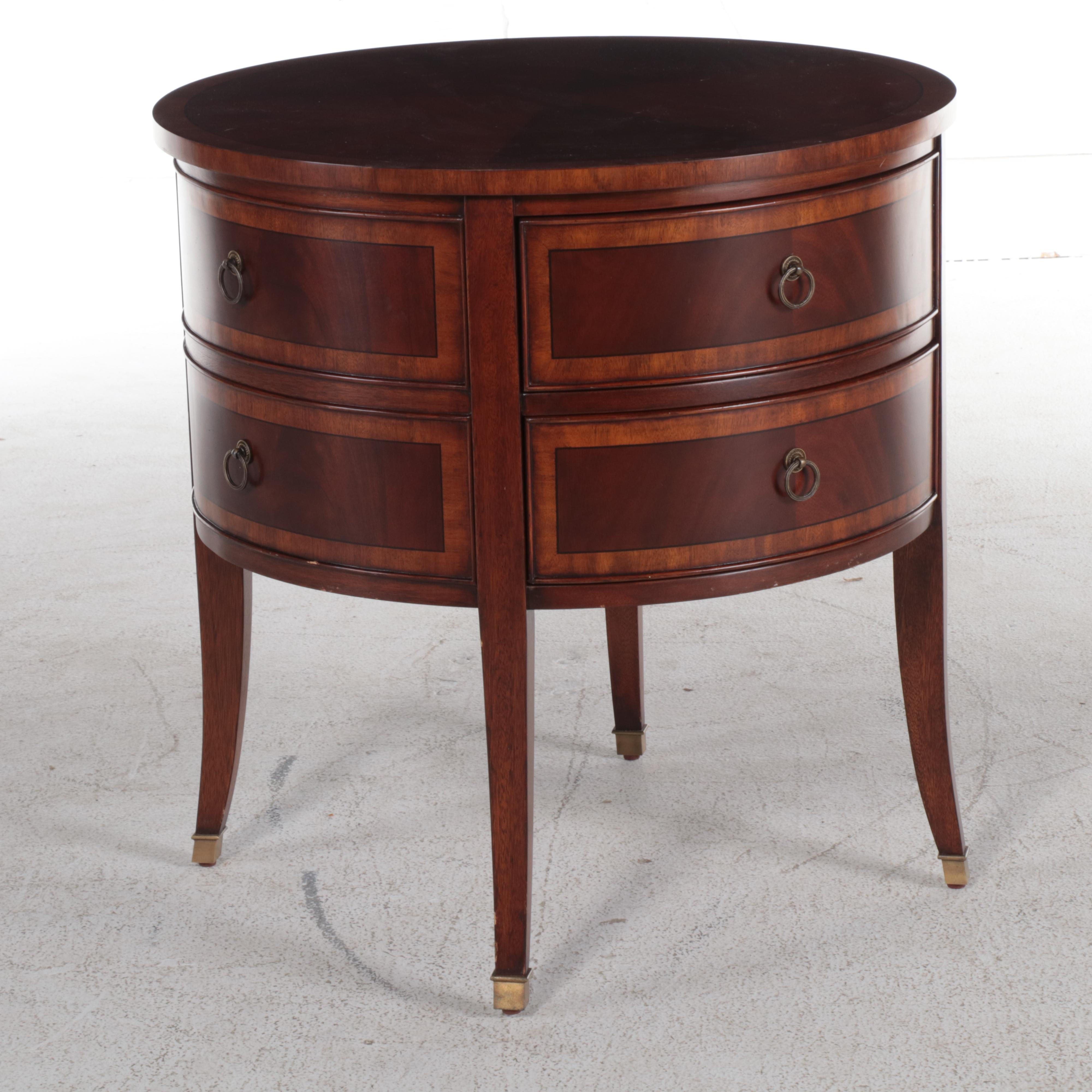 Ethan Allen Federal Style Mahogany and Crossbanded Two-Drawer Drum Side Table