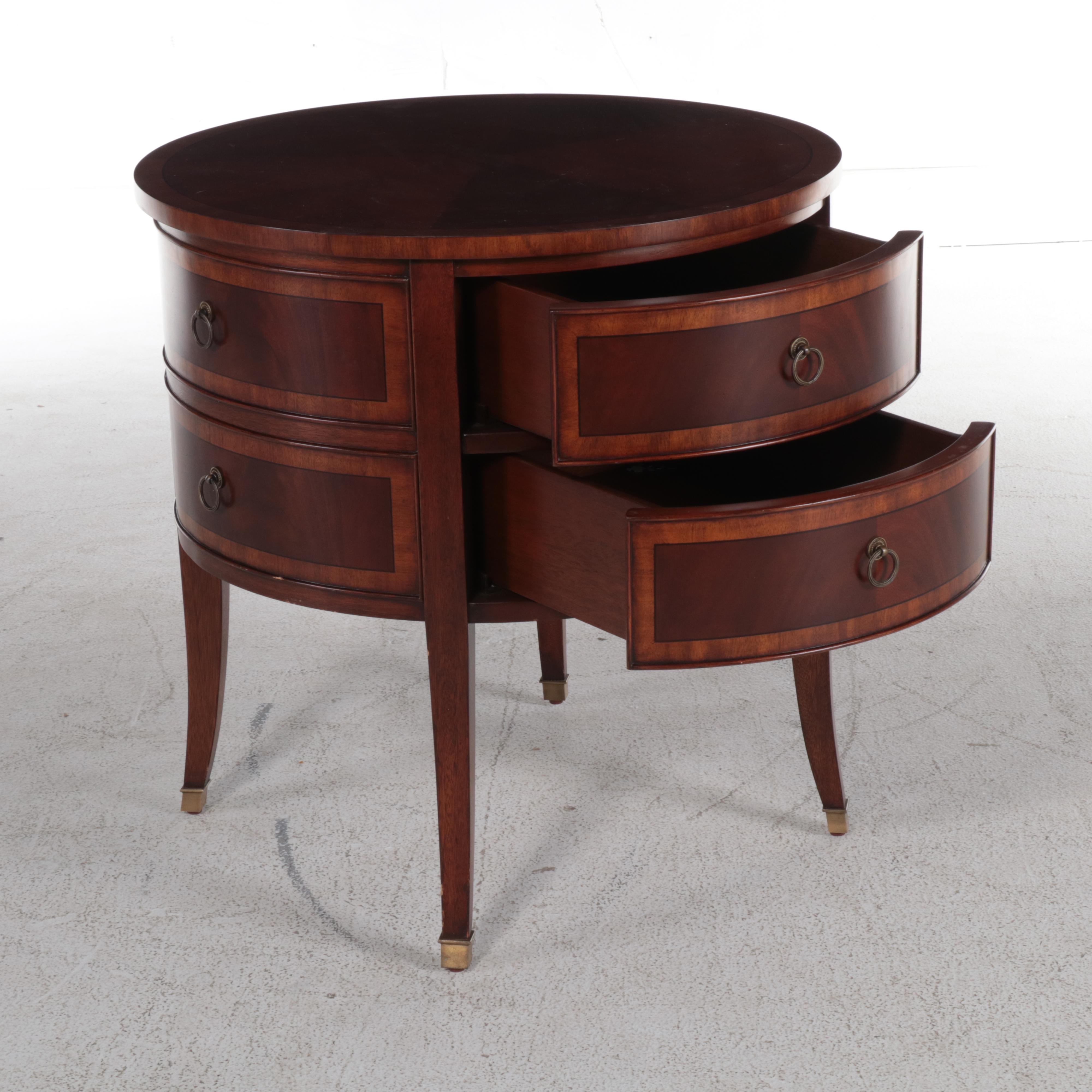 Ethan Allen Federal Style Mahogany and Crossbanded Two-Drawer Drum Side Table