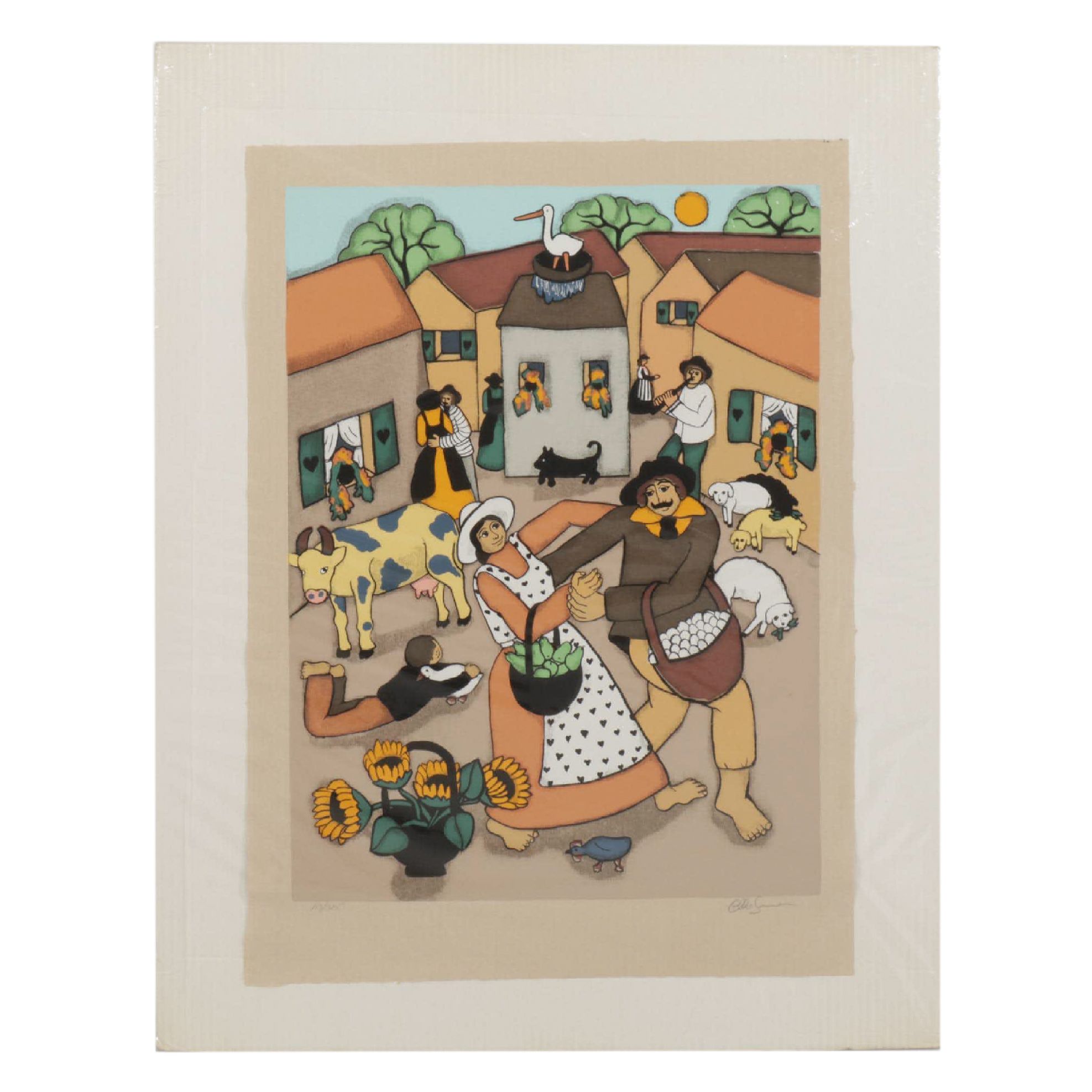 Elke Sommer Color Lithograph "Village Scene" Late 20th Century