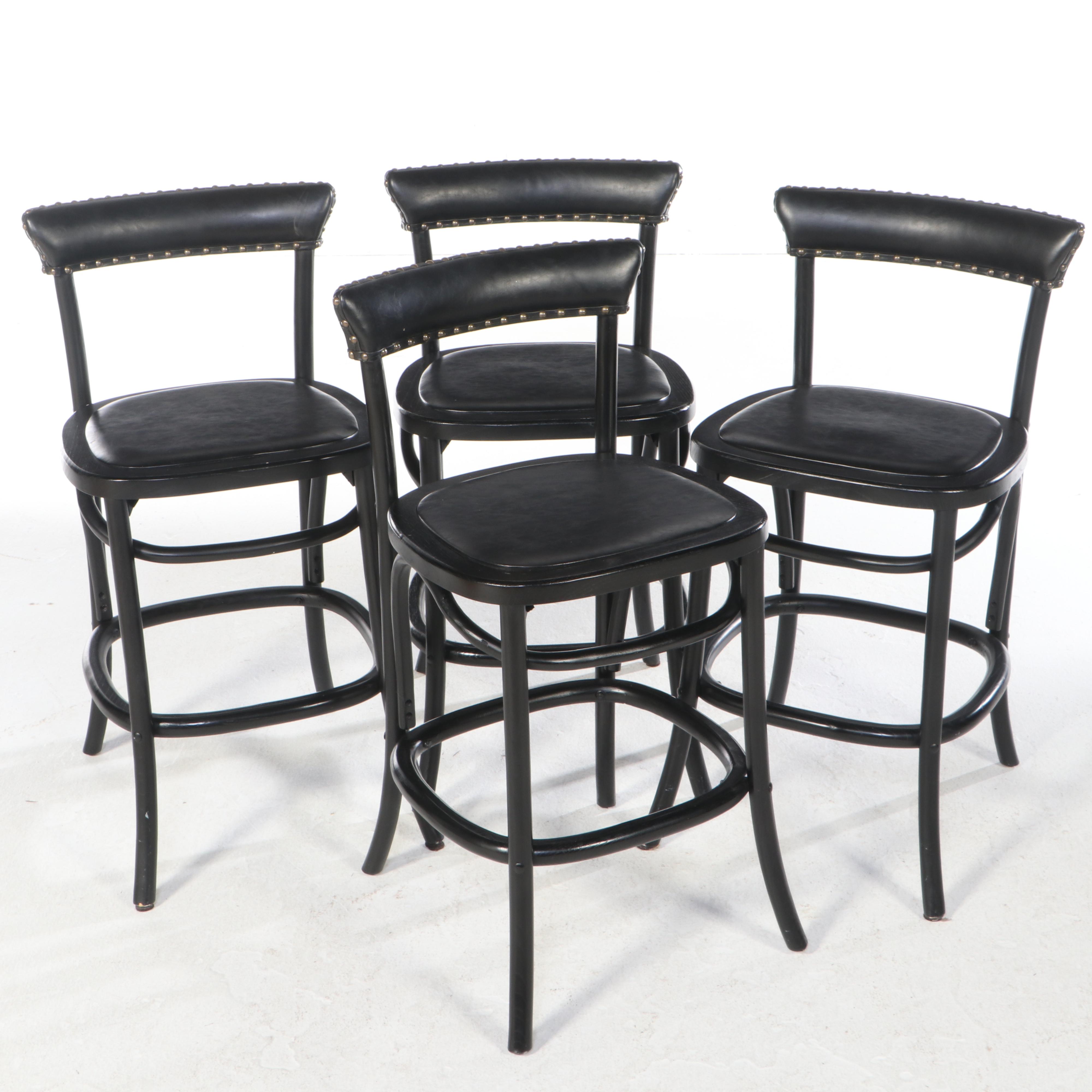 Four Pottery Barn "Lucas" Ebonized Elm and Leather Counter Stools