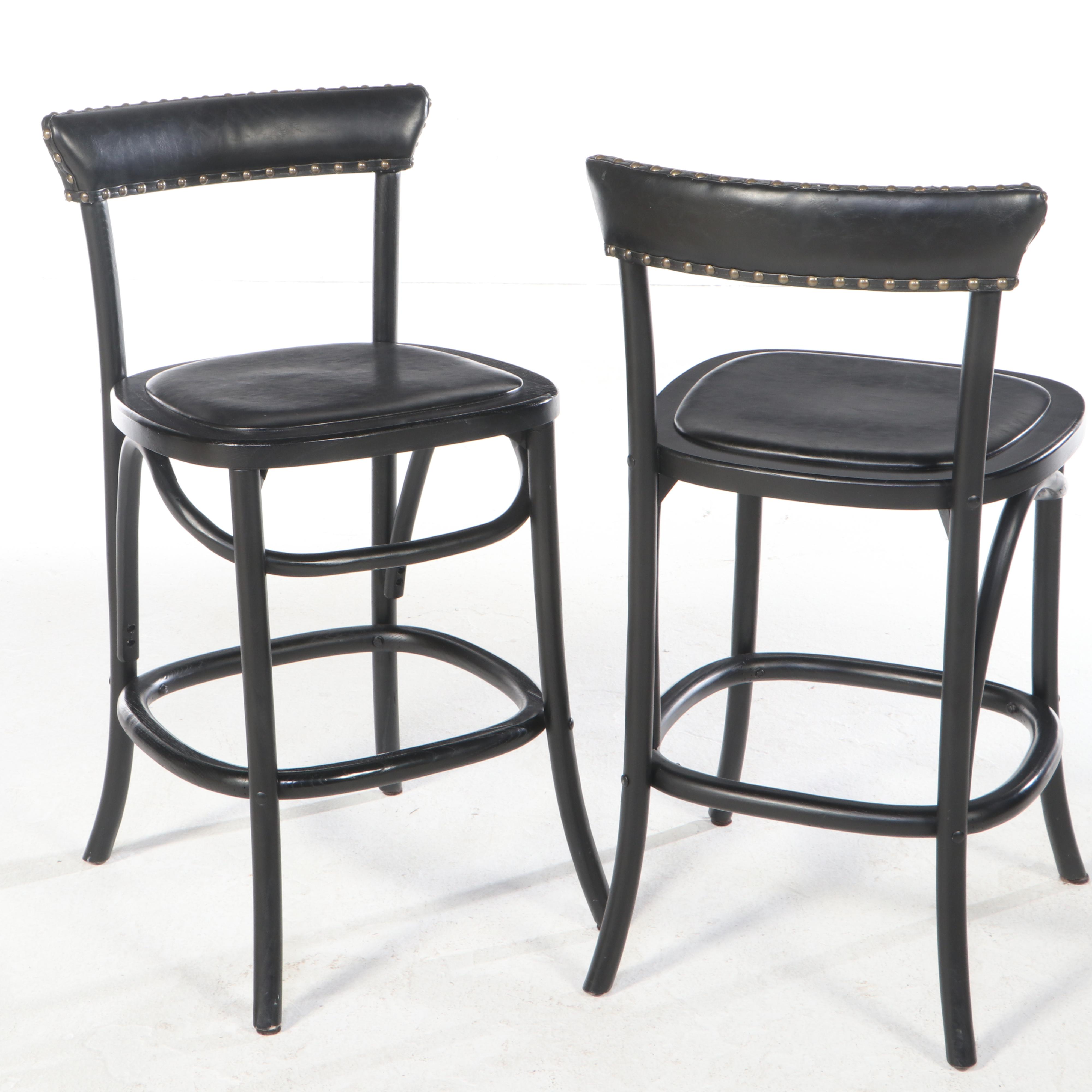 Four Pottery Barn "Lucas" Ebonized Elm and Leather Counter Stools