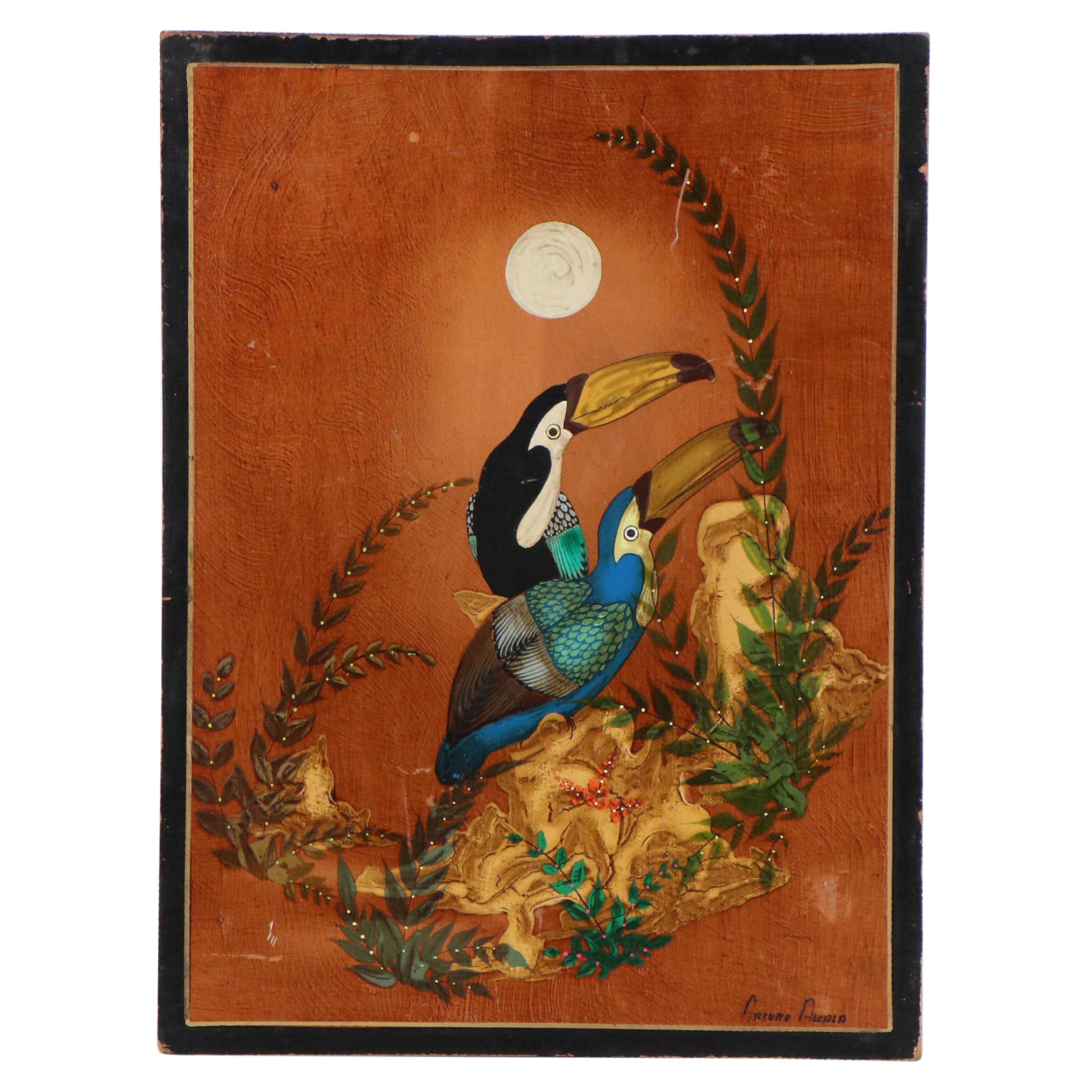 Arturo Alcala Folk Art Oil Painting "Toucans Under the Moon"