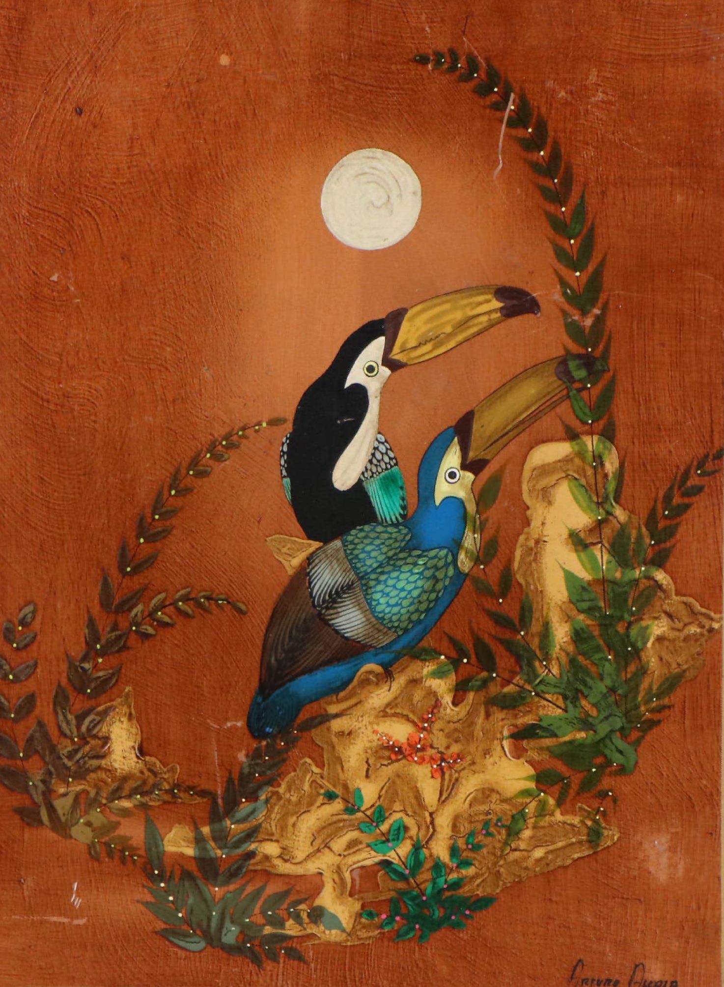 Arturo Alcala Folk Art Oil Painting "Toucans Under the Moon"