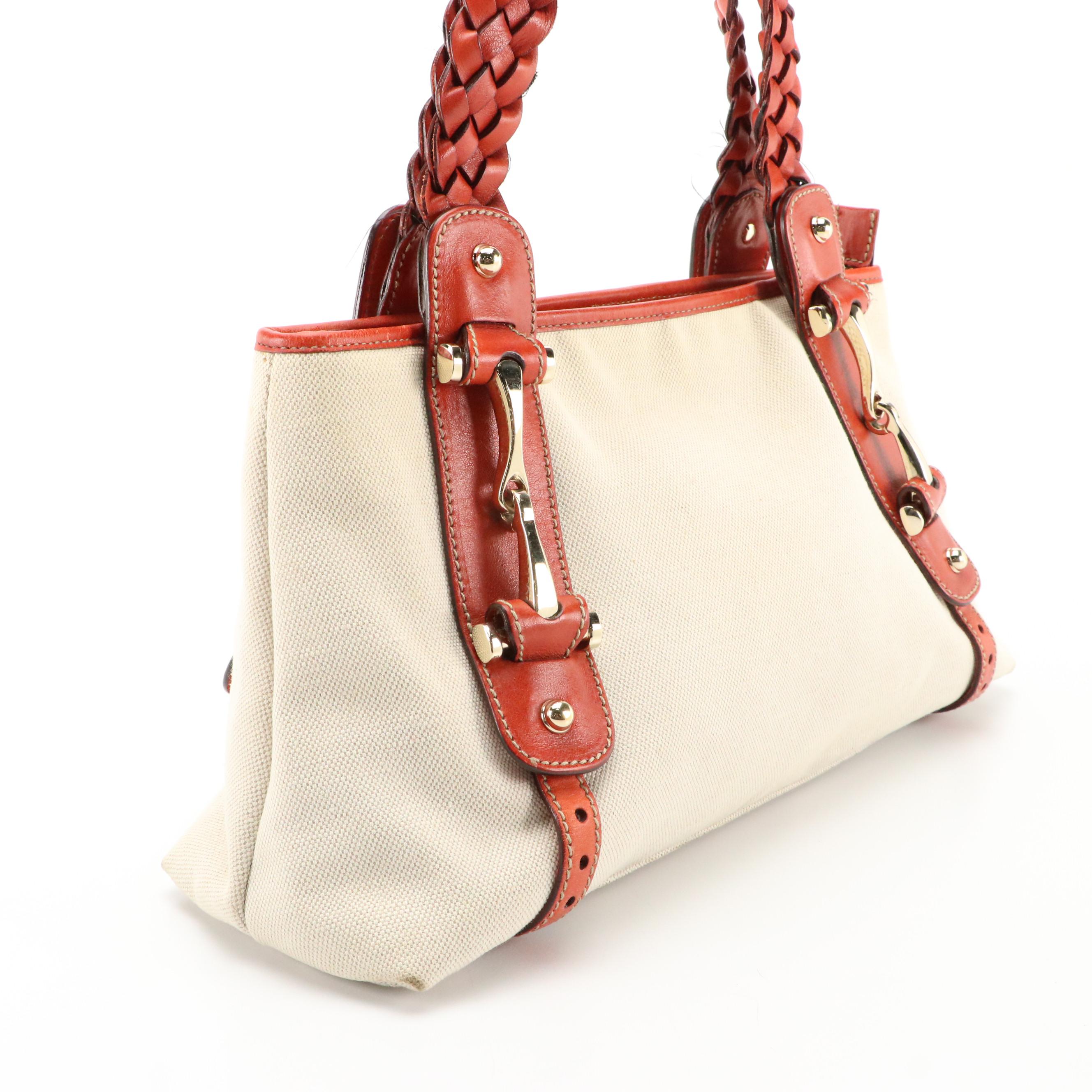 Gucci Pelham Hobo Bag in Beige Canvas and Burnt Orange Leather Trim