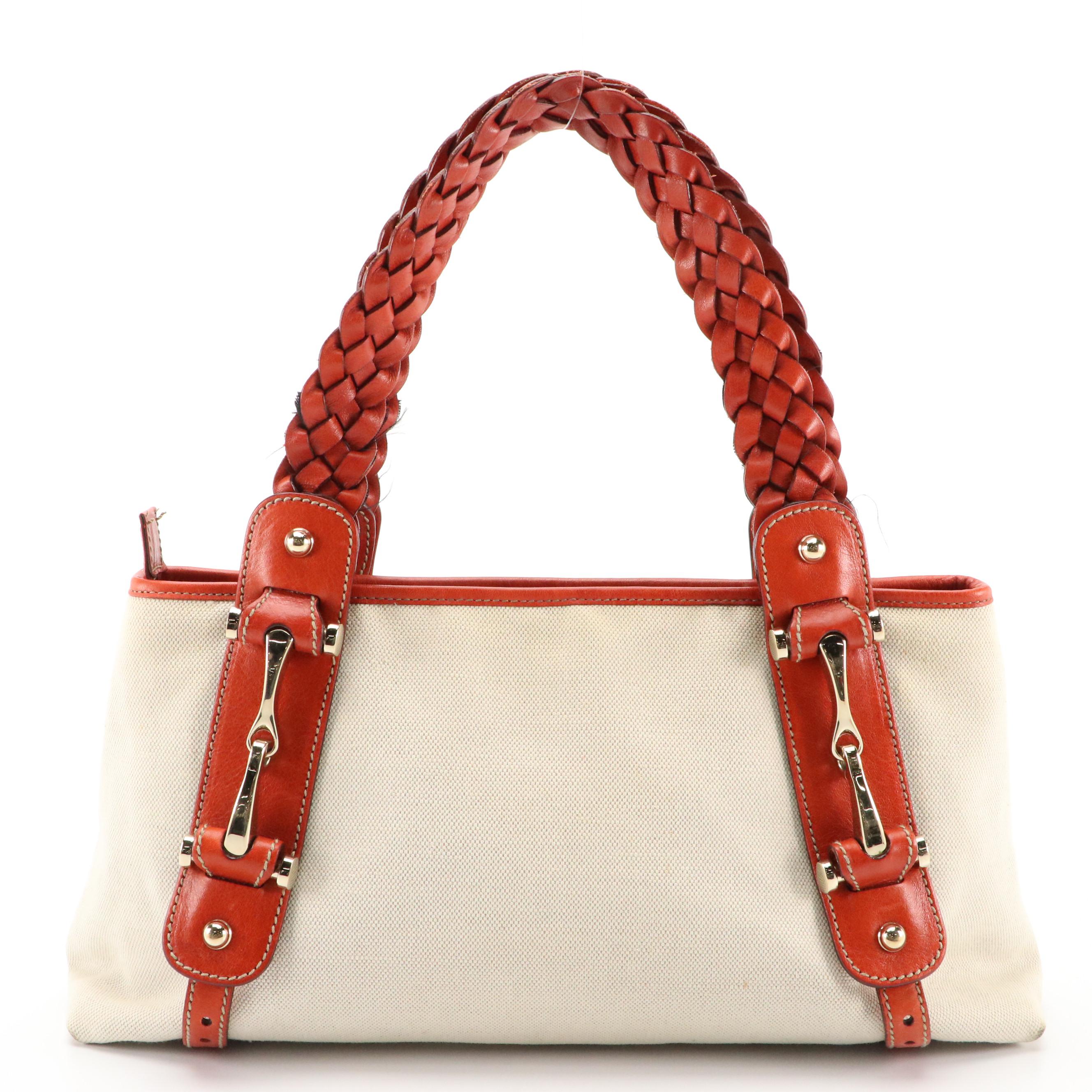 Gucci Pelham Hobo Bag in Beige Canvas and Burnt Orange Leather Trim