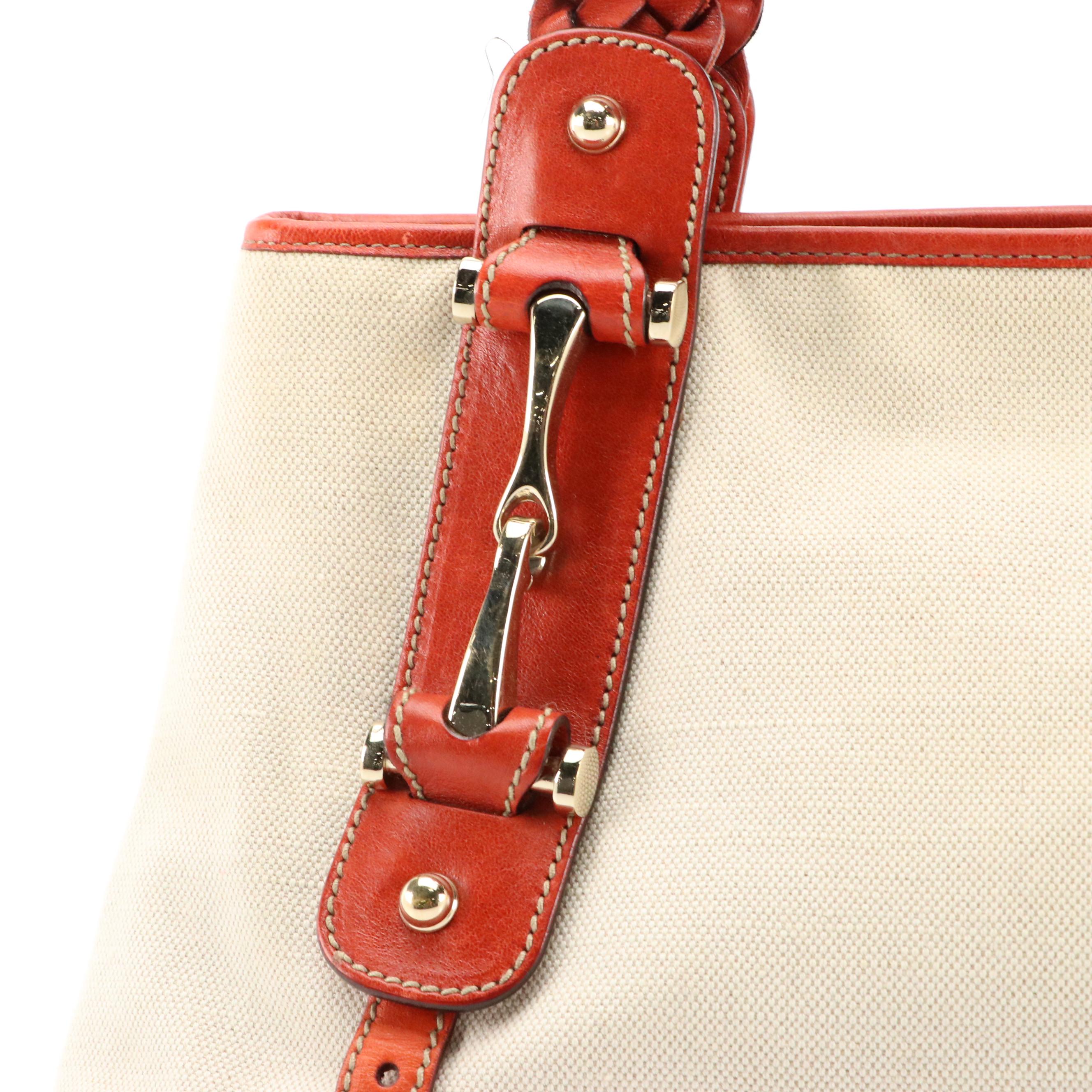 Gucci Pelham Hobo Bag in Beige Canvas and Burnt Orange Leather Trim