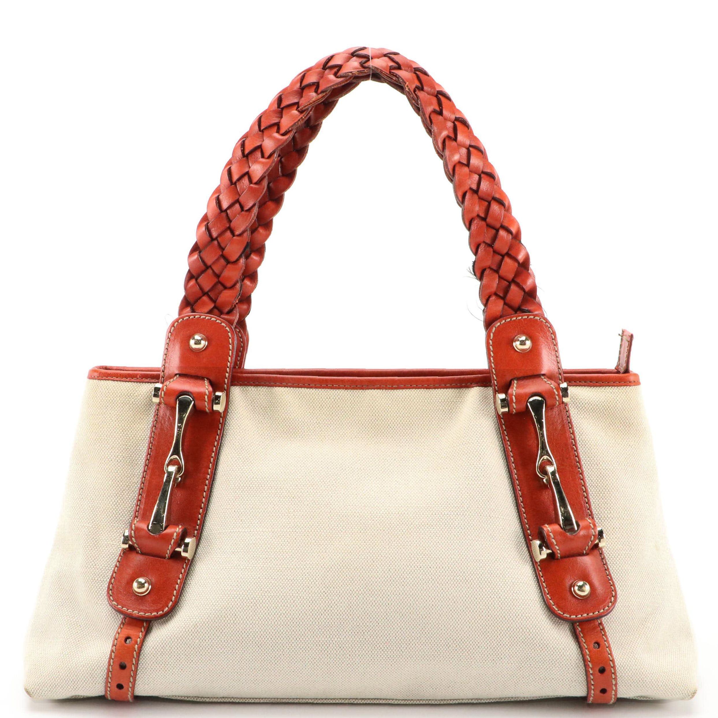 Gucci Pelham Hobo Bag in Beige Canvas and Burnt Orange Leather Trim