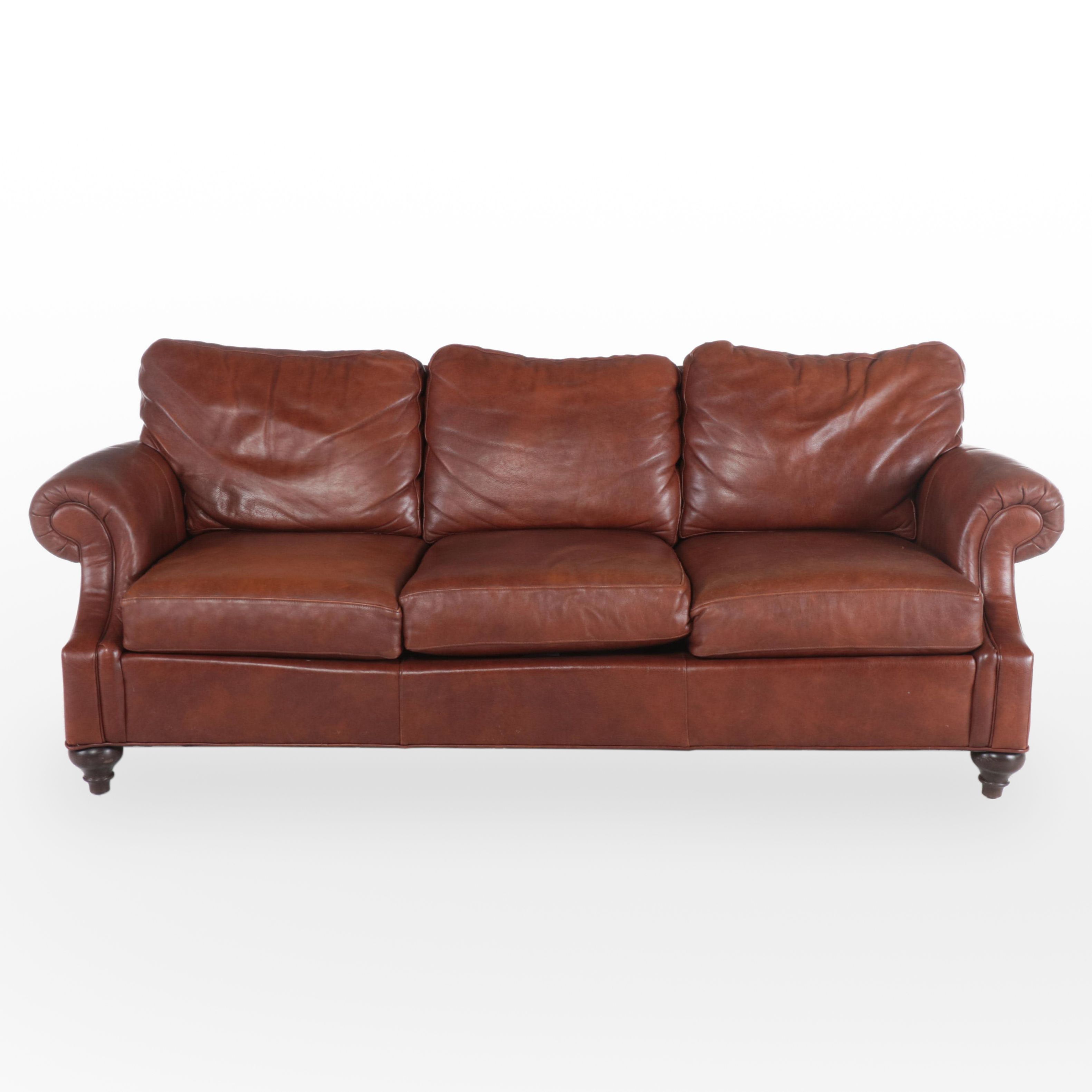 Ethan Allen Leather Roll-Arm Sofa