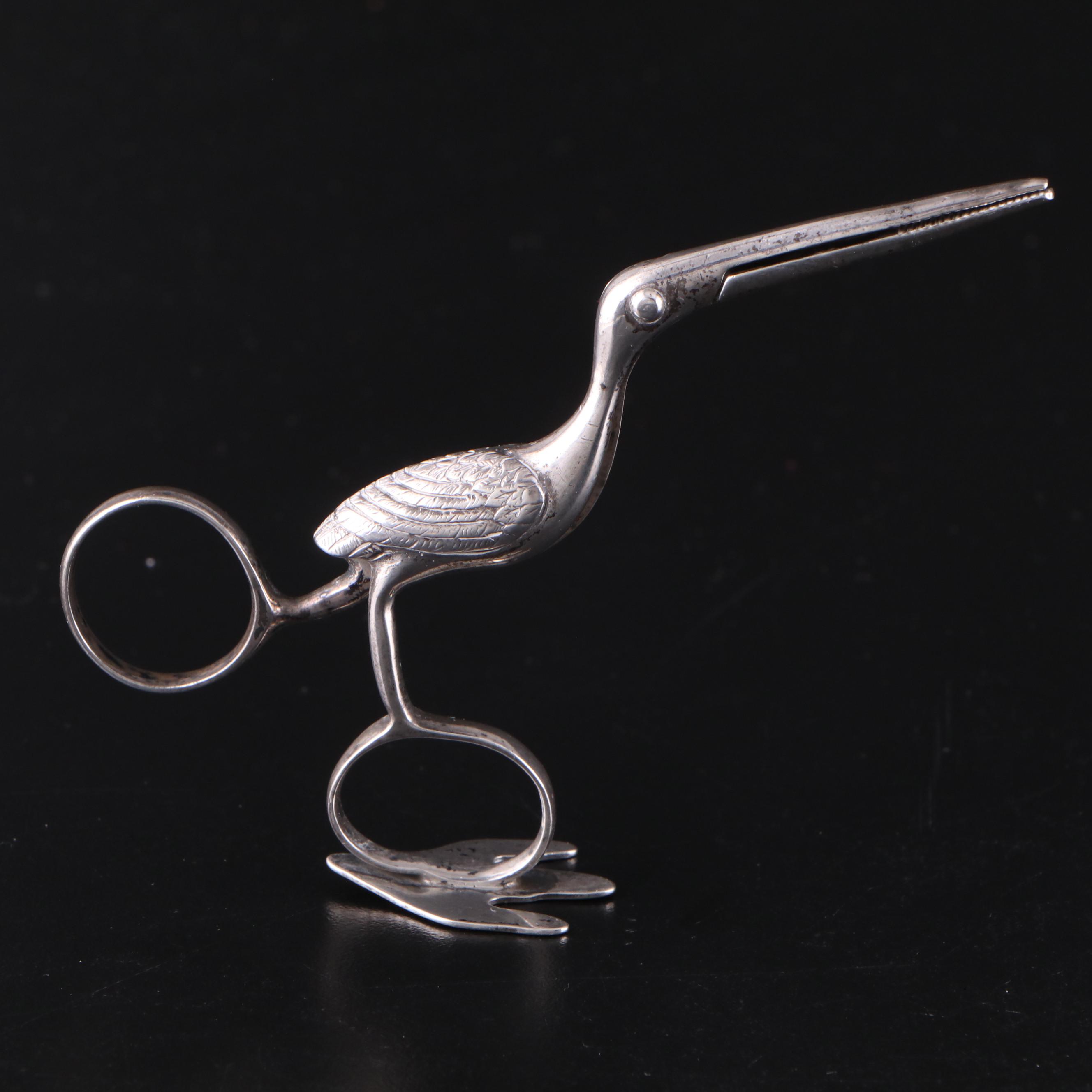 Victorian Sterling Silver Stork Ribbon Puller and Sterling and Crystal Stand